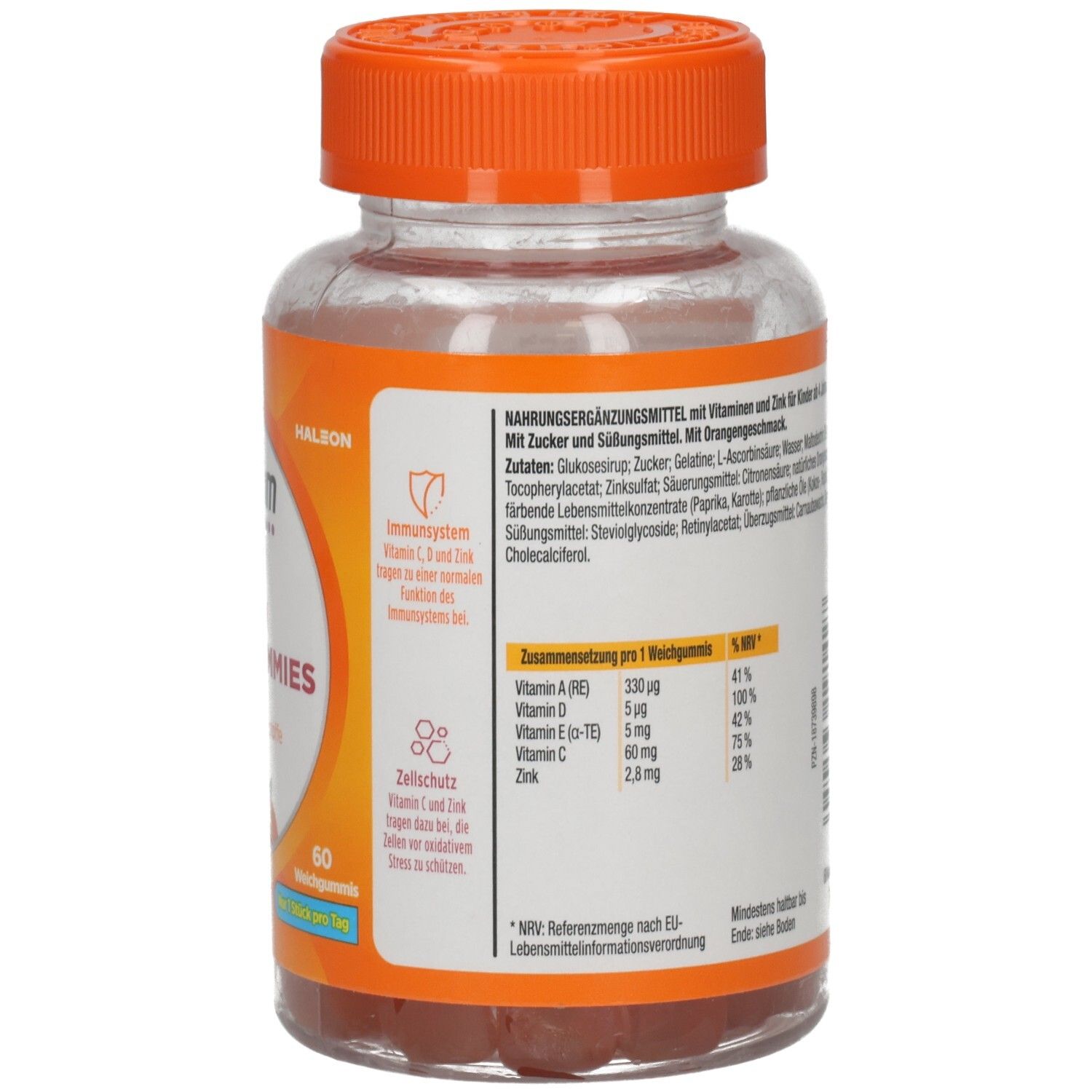 Rückseite der Centrum Kids Immun Vitamin Gummies Flasche. Inhaltsstoffe, Nährwertangaben, und Informationen zur Zusammensetzung.