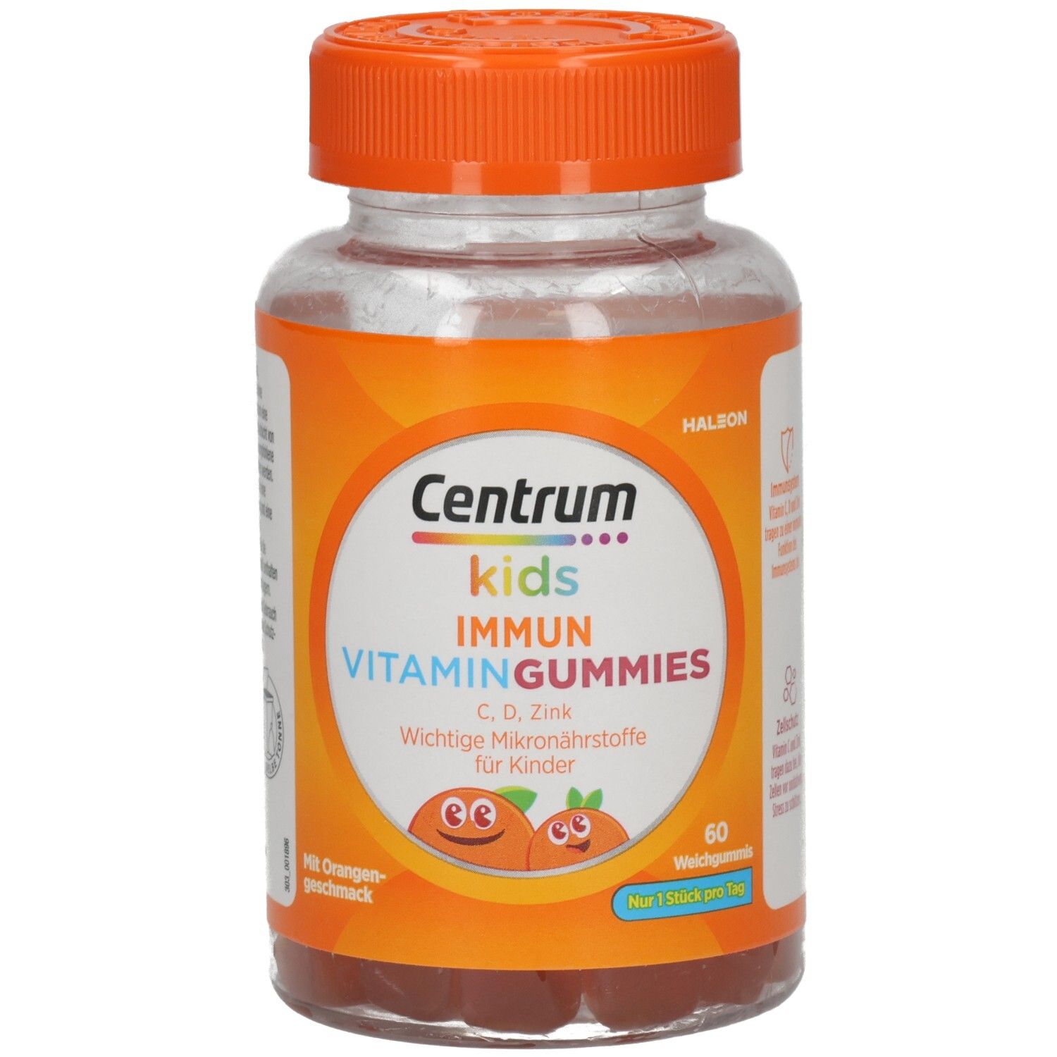 Vorderansicht der Centrum Kids Immun Vitamin Gummies Flasche. Orangefarbener Deckel, Etikett mit Produktnamen und Inhaltsstoffen. 60 Gummies.