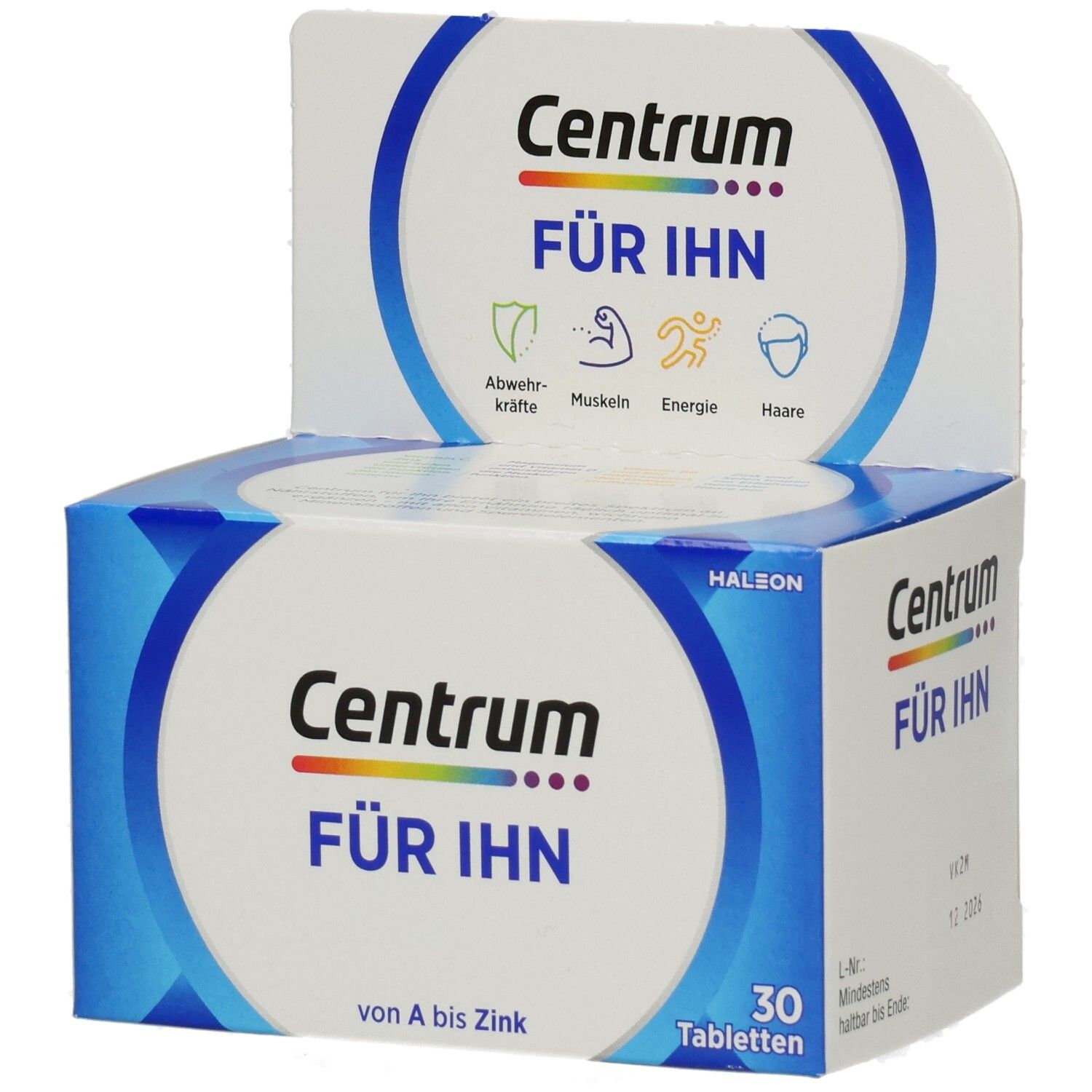 Schachtel mit Centrum Für Ihn. Blaue Verpackung mit Logo und 30 Tabletten. Enthält Vitamine und Mineralstoffe.