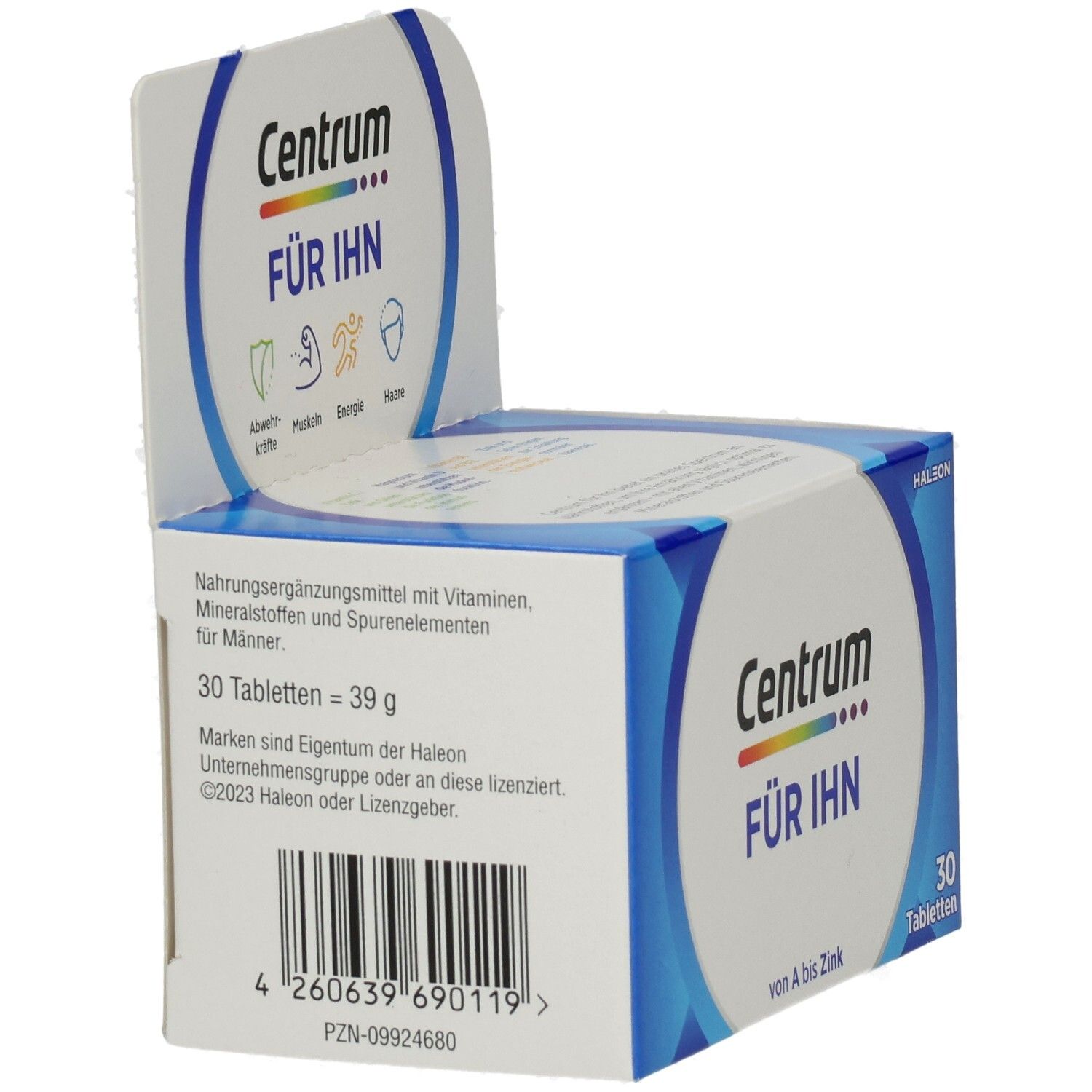 Rückseite der Centrum Für Ihn-Verpackung. Enthält Informationen zu Inhaltsstoffen und Nährwerten. 30 Tabletten.