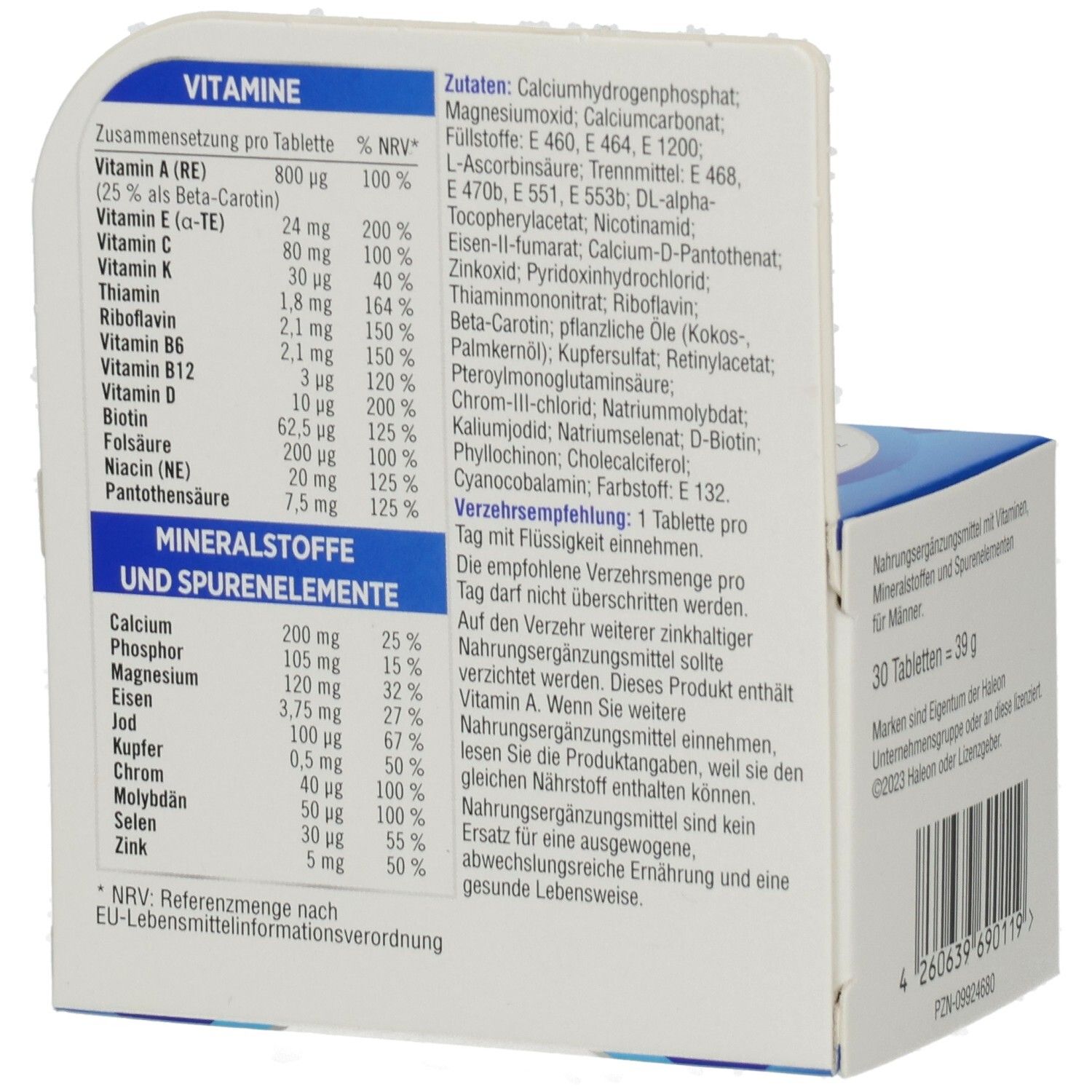 Detailansicht der Centrum Für Ihn-Verpackung. Enthält Informationen zu Vitaminen und Mineralstoffen. 30 Tabletten.