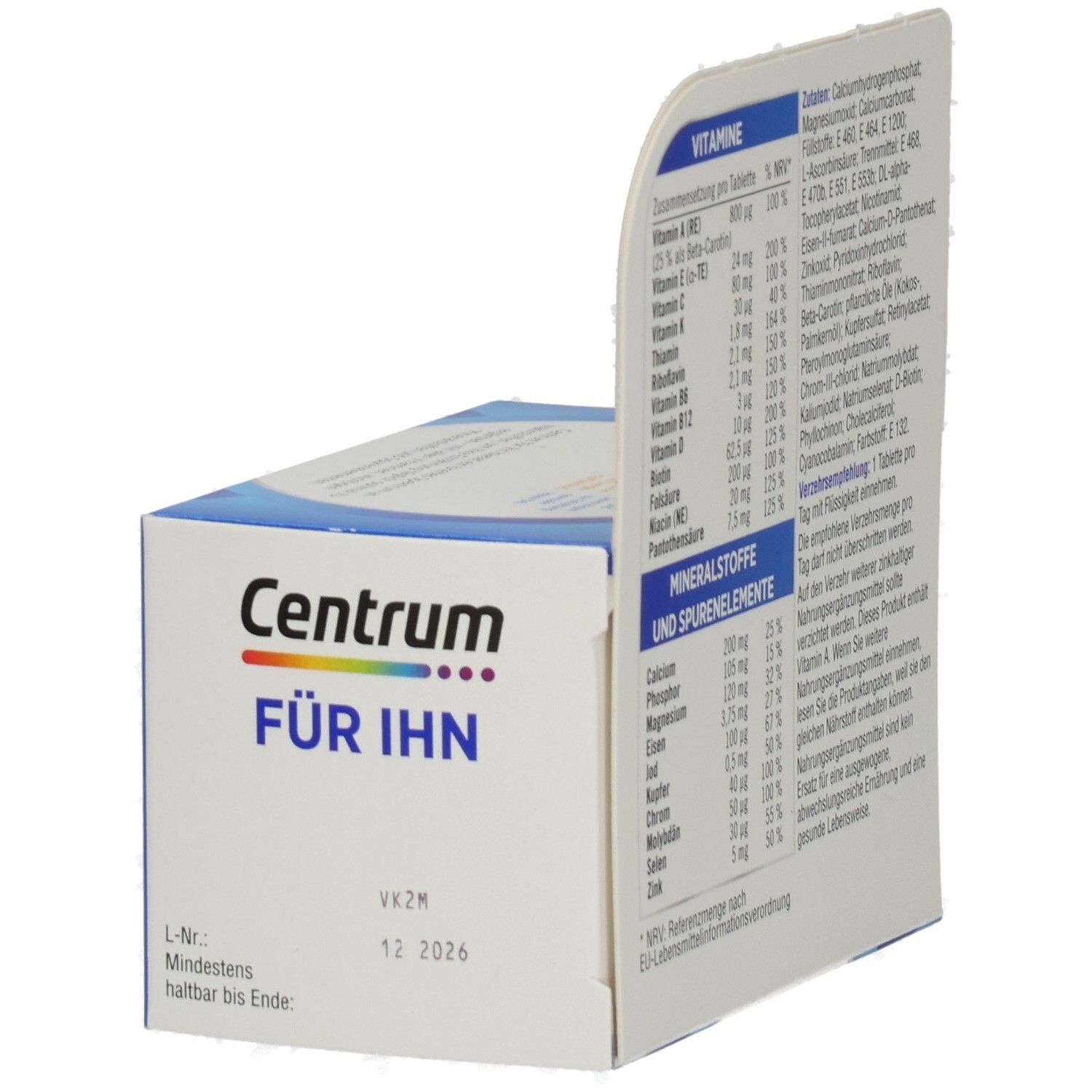 Detailansicht der Centrum Für Ihn-Verpackung. Enthält Informationen zu Vitaminen und Mineralstoffen. 30 Tabletten.