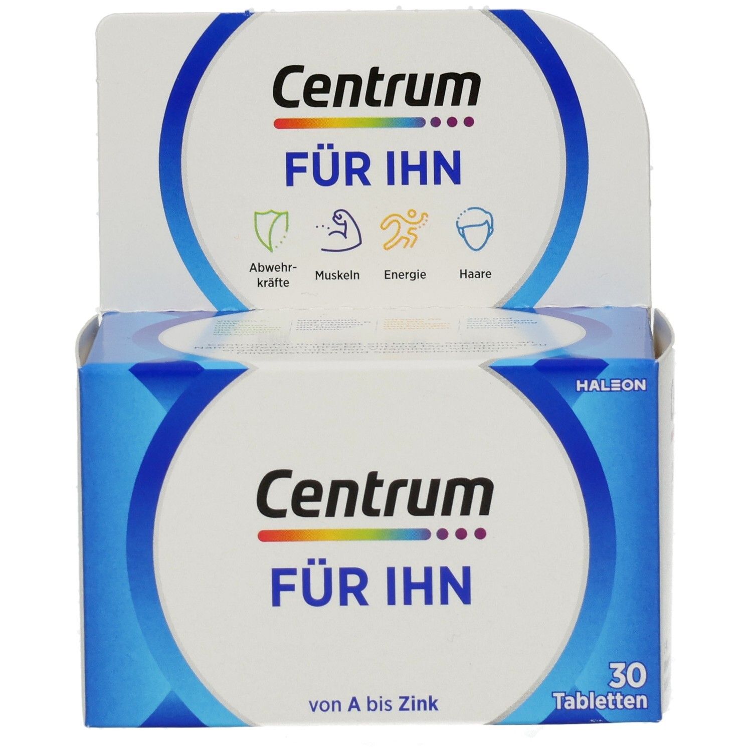 Centrum Für Ihn-Verpackung. Blaue Schachtel mit Logo und 30 Tabletten. Enthält Vitamine und Mineralstoffe.