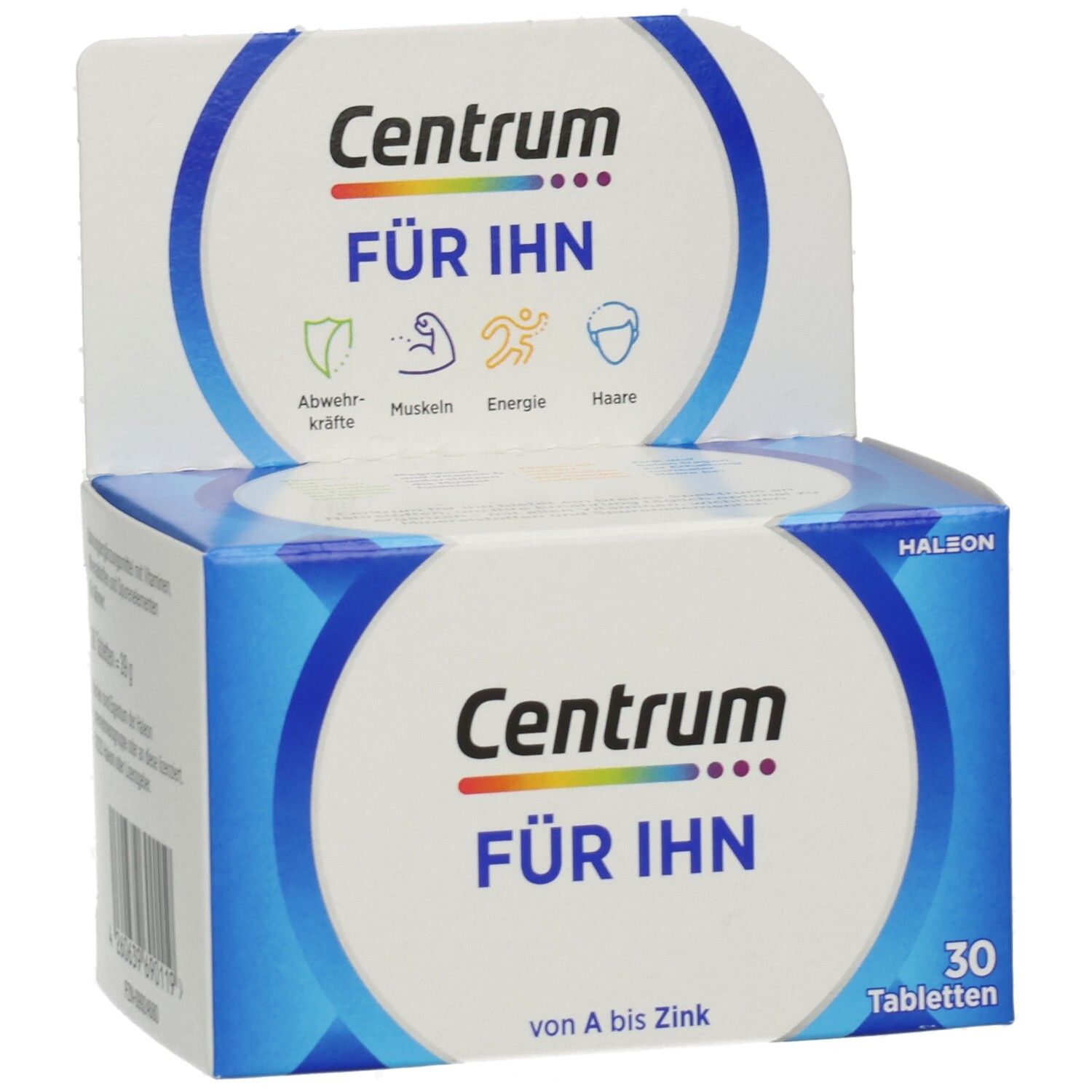 Centrum Für Ihn-Verpackung. Blaue Schachtel mit Logo und 30 Tabletten. Enthält Vitamine und Mineralstoffe.