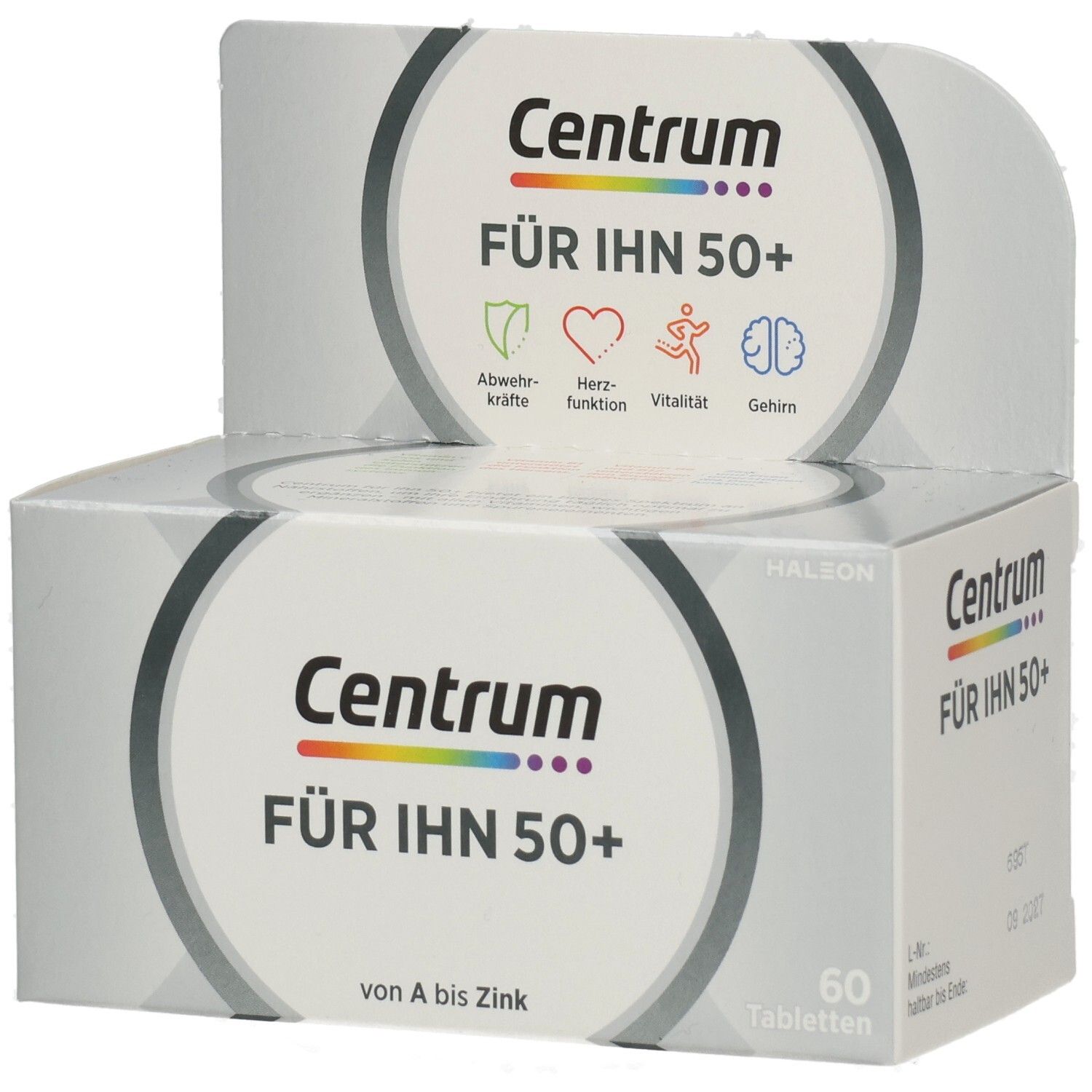 Zwei Packungen Centrum für Ihn 50+. Aufdruck: Abwehrkräfte, Herzfunktion, Vitalität, Gehirn. 60 Tabletten. Von A bis Zink.