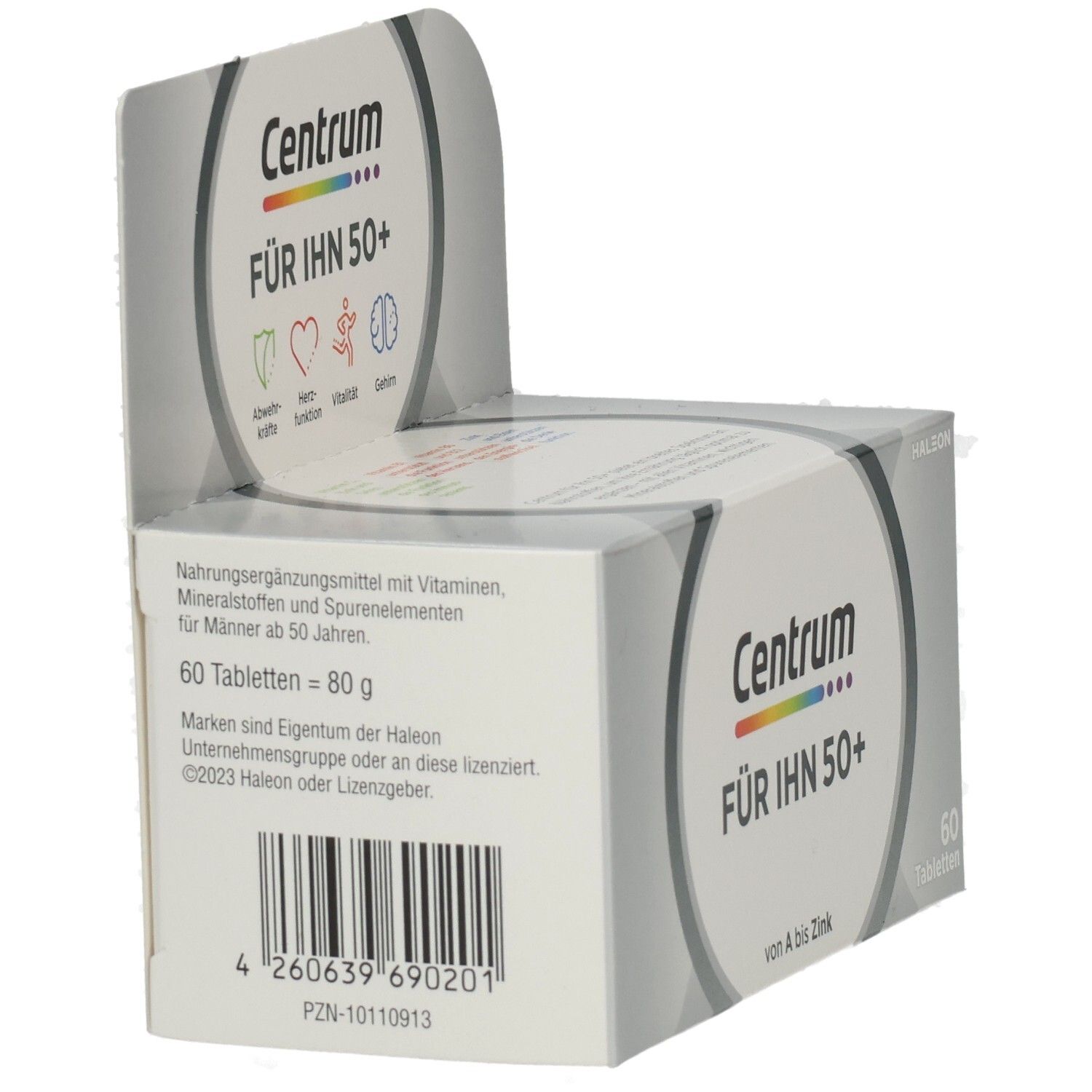 Centrum für Ihn 50+ Packung. Rückseite mit Nährwertangaben. 60 Tabletten. Hersteller: Haleon. Barcode und weitere Informationen.