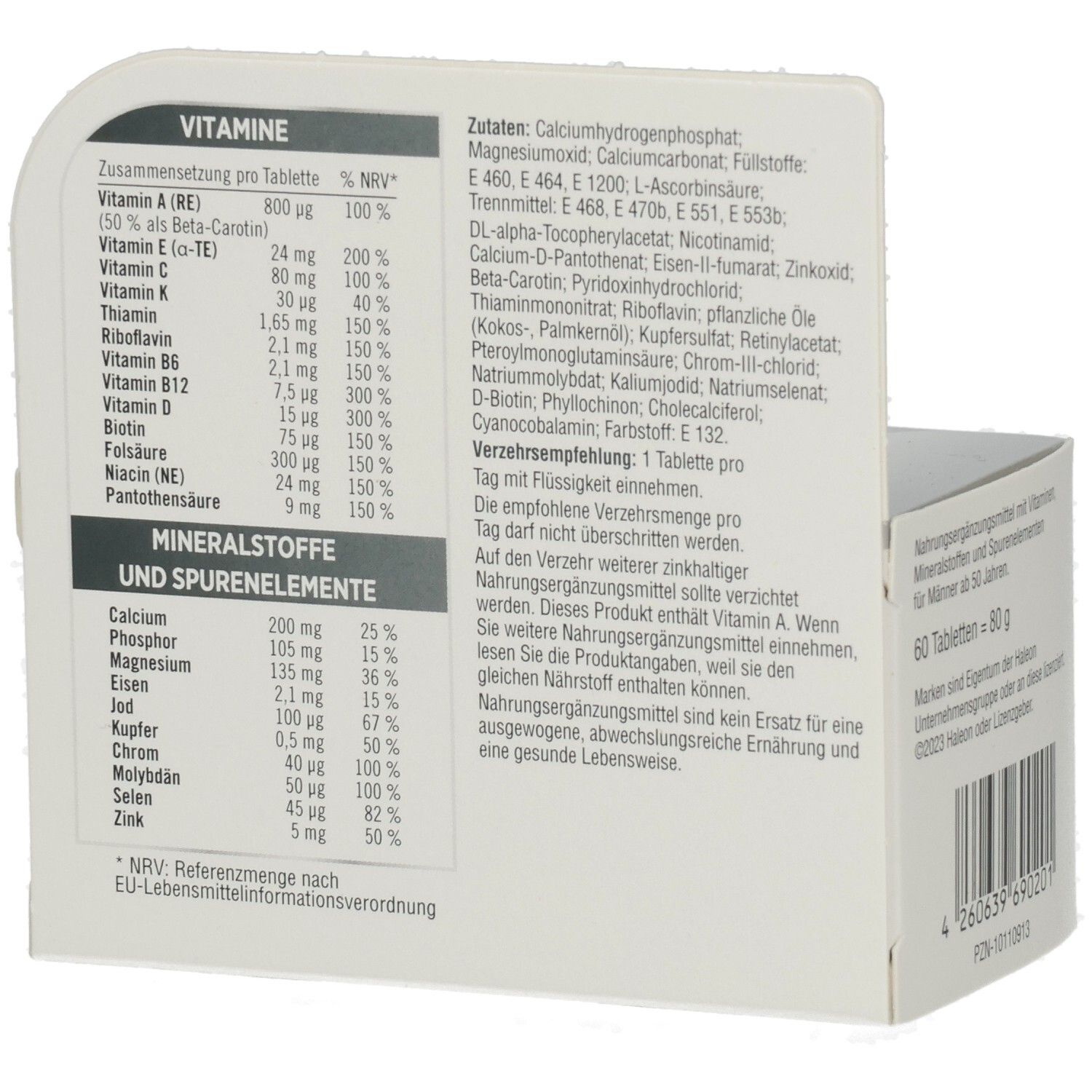 Rückseite der Centrum für Ihn 50+ Packung. Auflistung von Vitaminen, Mineralstoffen und Spurenelementen. 60 Tabletten.