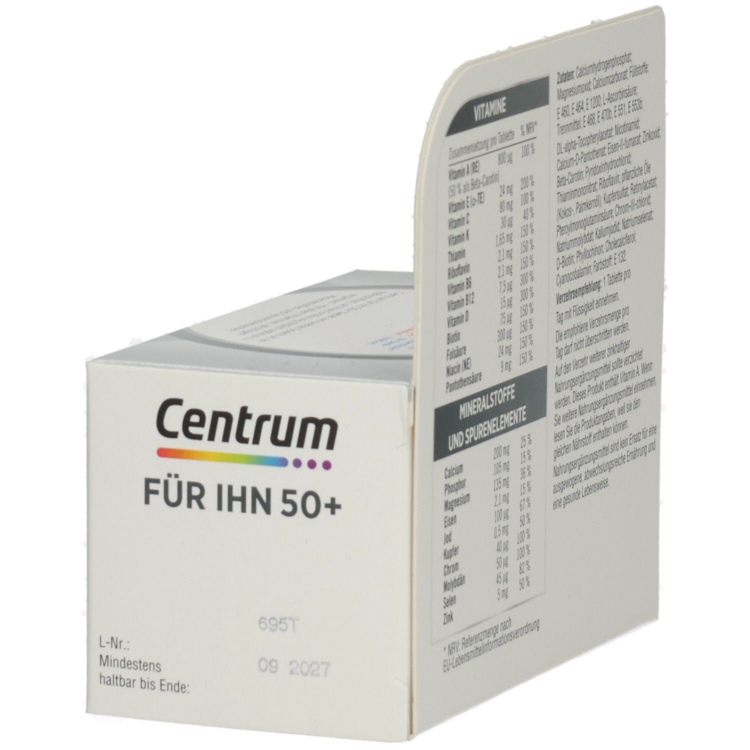 Centrum für Ihn 50+ Packung. Aufdruck: Vitamine, Mineralstoffe und Spurenelemente. Mindestens haltbar bis 09 2027.