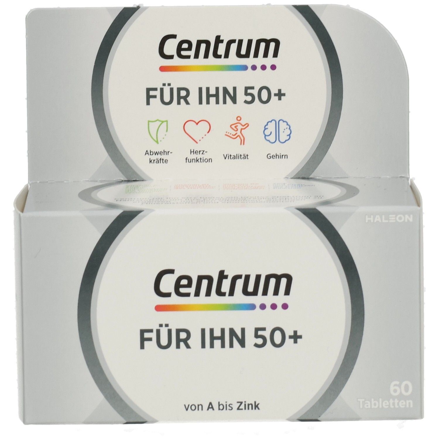 Zwei Packungen Centrum für Ihn 50+. Aufdruck: Abwehrkräfte, Herzfunktion, Vitalität, Gehirn. 60 Tabletten. Von A bis Zink.