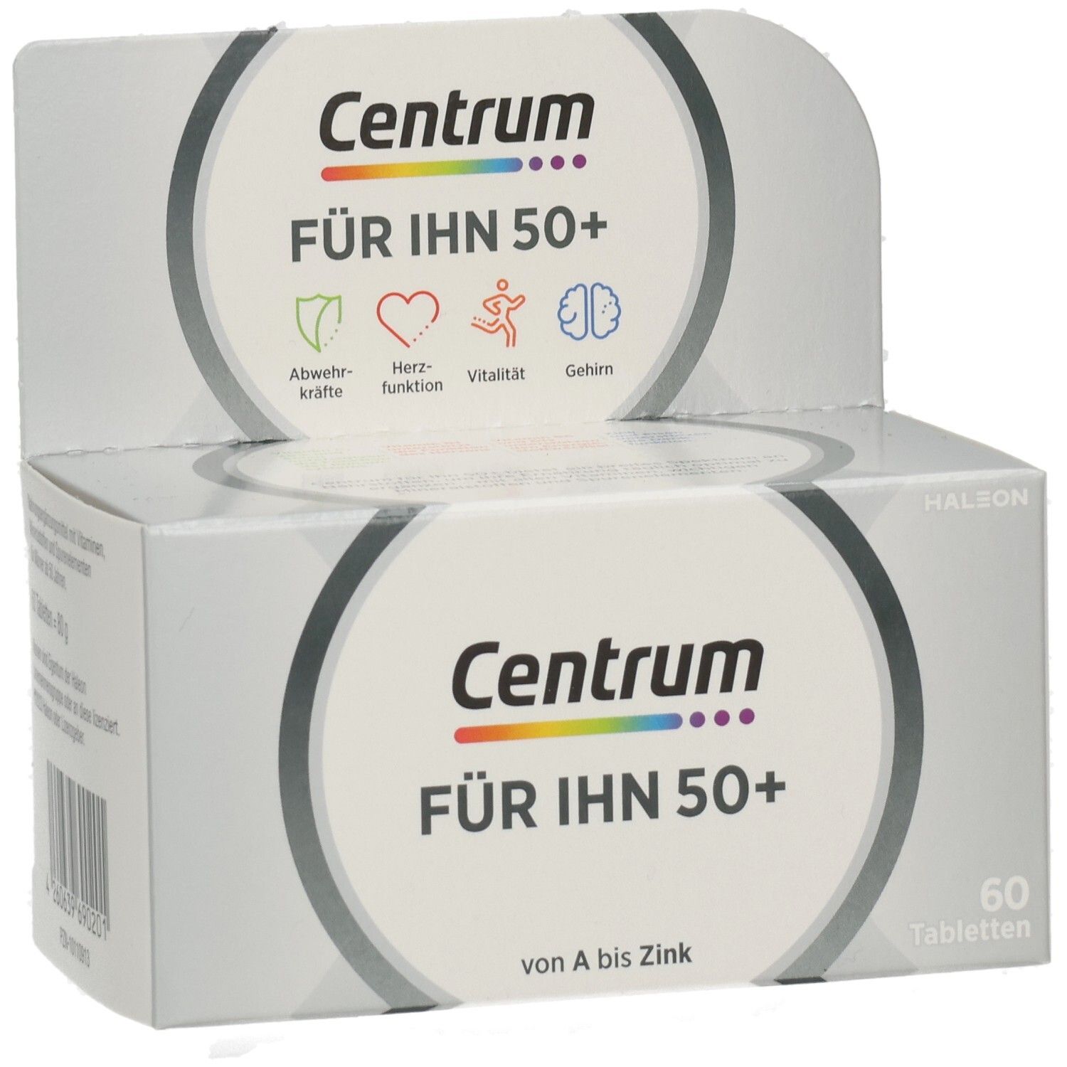 Centrum für Ihn 50+ Packung. Aufdruck: Abwehrkräfte, Herzfunktion, Vitalität, Gehirn. 60 Tabletten. Von A bis Zink.