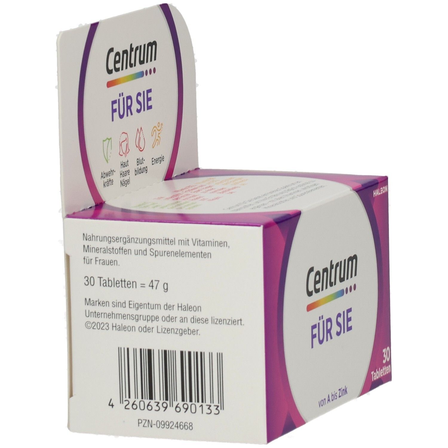 Rückseite der Centrum FÜR SIE Verpackung. Enthält Informationen zu Inhaltsstoffen und Nährwerten. Mit Barcode.