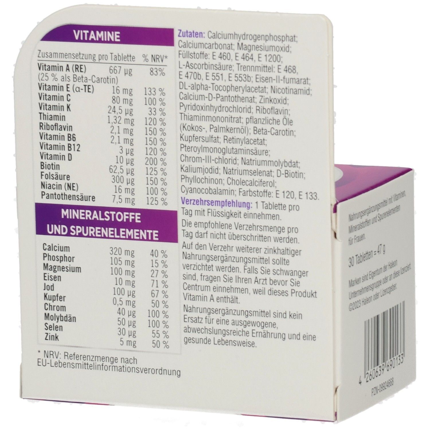 Detailansicht der Centrum FÜR SIE Verpackung. Zeigt Inhaltsstoffe und Nährwertangaben. Text in deutscher Sprache.