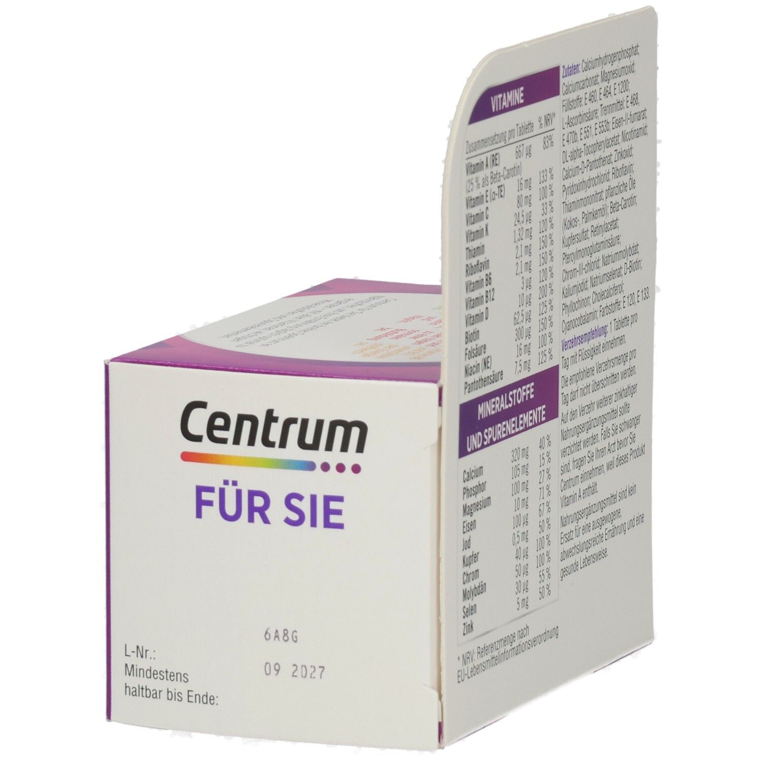 Geöffnete Centrum FÜR SIE Verpackung. Zeigt die Inhaltsstoffliste und das Mindesthaltbarkeitsdatum.