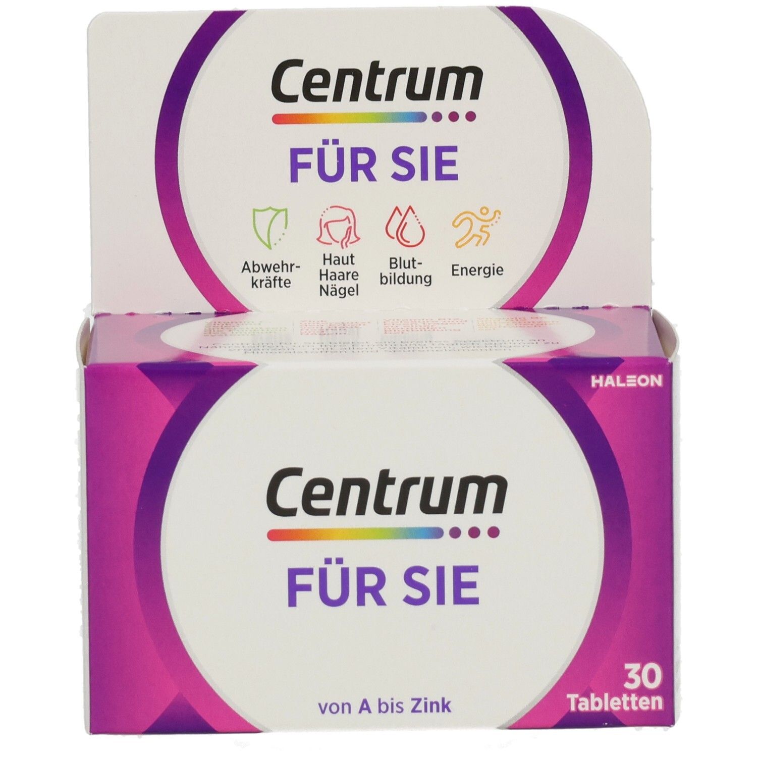 Verpackung von Centrum FÜR SIE. Enthält 30 Tabletten. Mit Logo und Illustrationen zu Gesundheitsthemen.