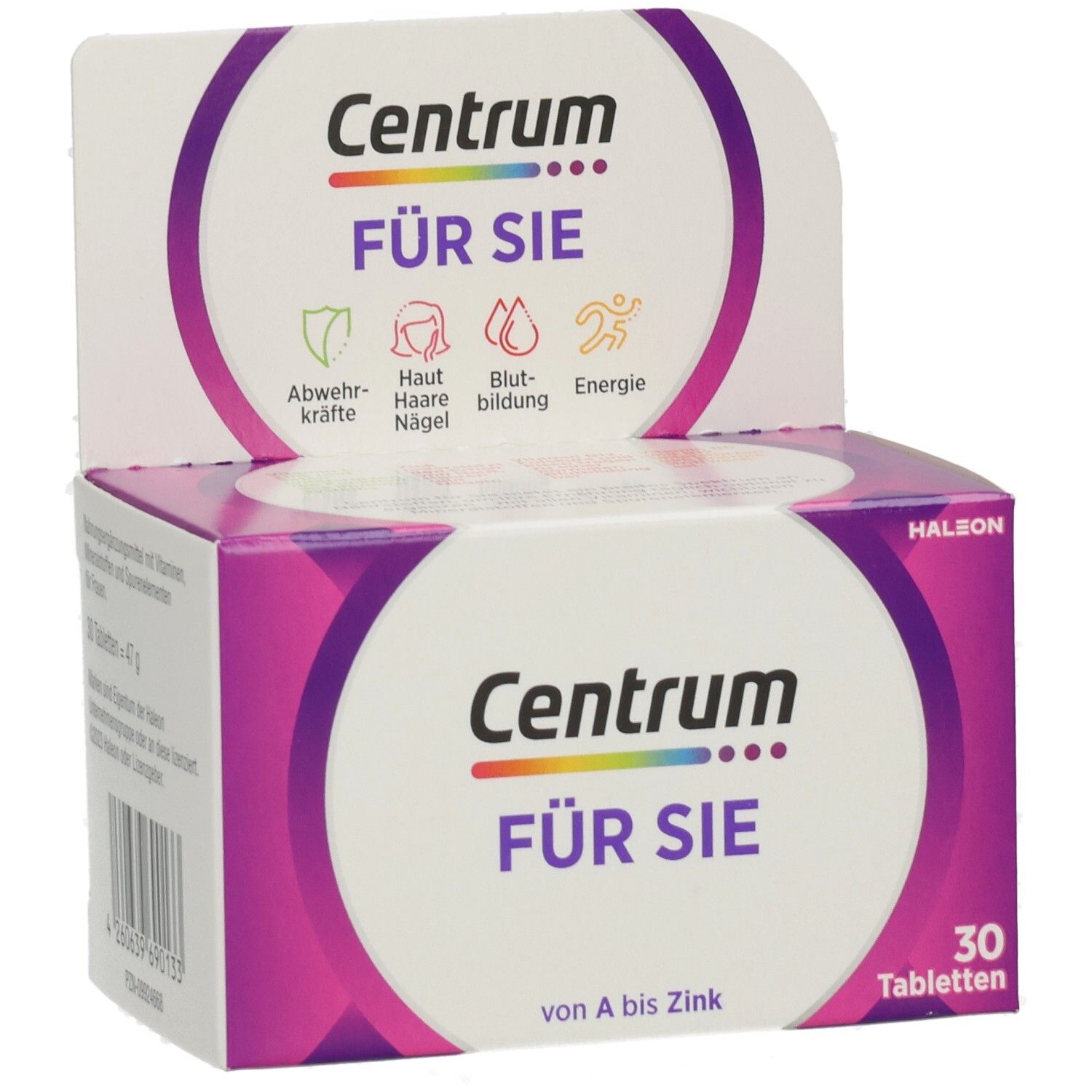 Verpackung von Centrum FÜR SIE. Enthält 30 Tabletten. Mit Logo und Illustrationen zu Gesundheitsthemen.