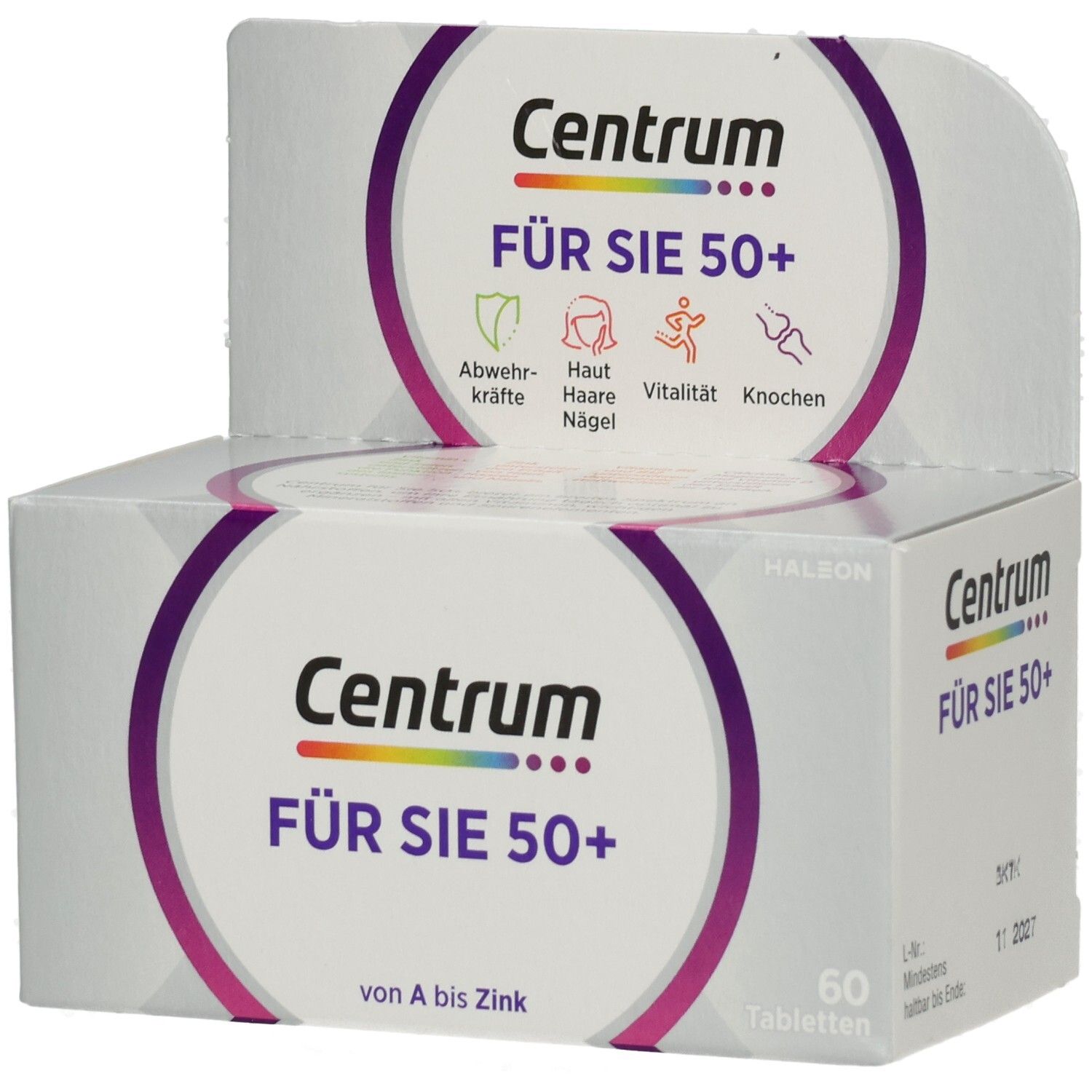 Zwei Schachteln Centrum FÜR SIE 50+. Aufdruck: Abwehrkräfte, Haut, Haare, Nägel, Vitalität, Knochen. 60 Tabletten. Von A bis Zink.