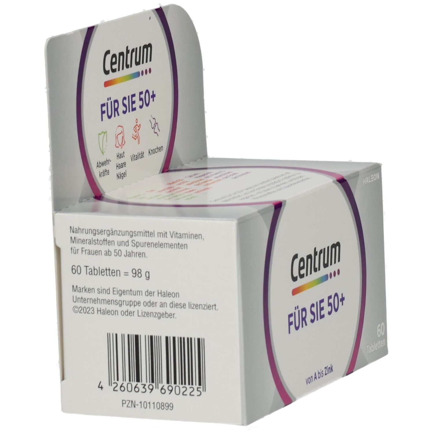 Centrum FÜR SIE 50+ Schachtel. Aufdruck: Nahrungsergänzungsmittel mit Vitaminen und Spurenelementen. 60 Tabletten = 98g. Barcode und Herstellerinformationen.