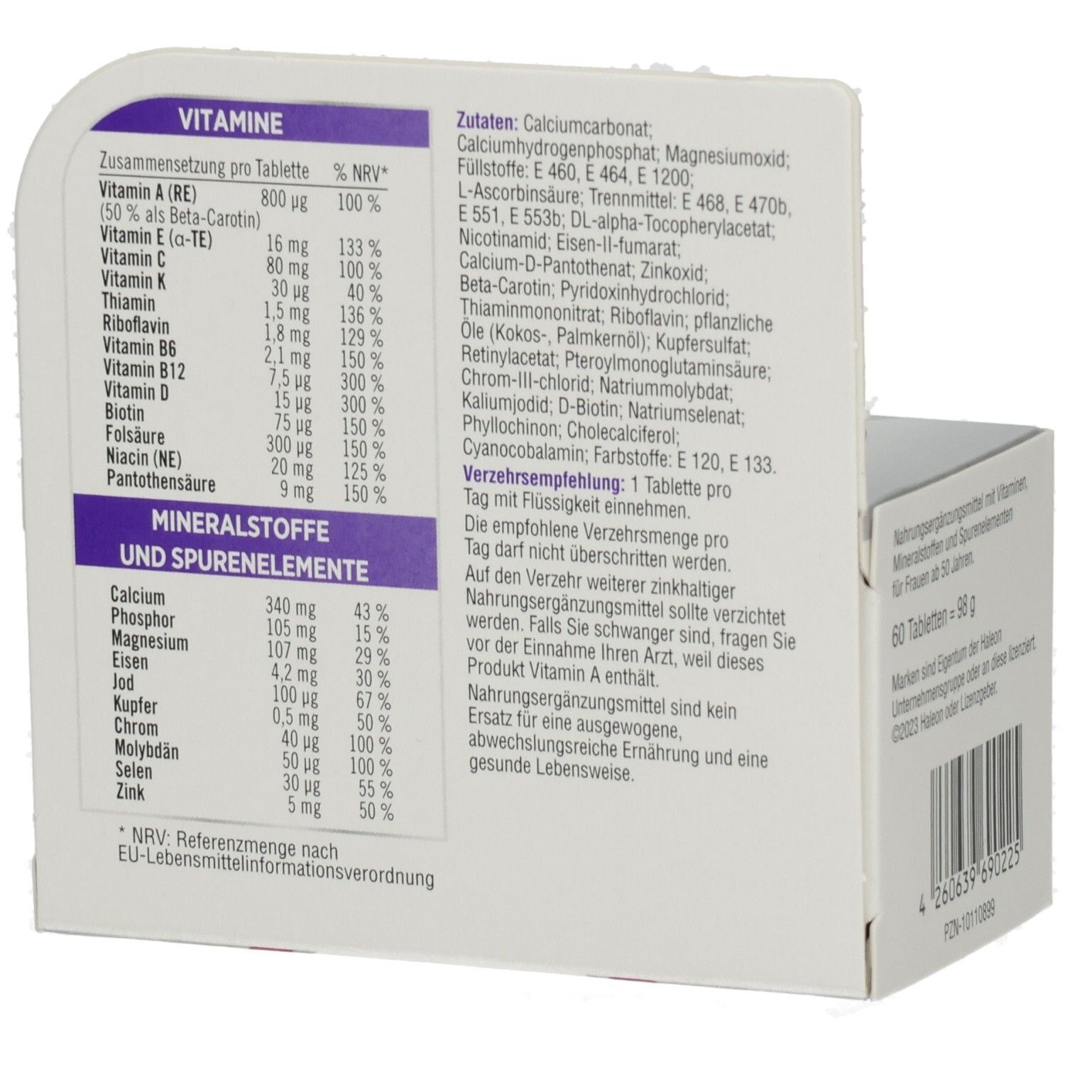 Rückseite der Centrum FÜR SIE 50+ Schachtel. Auflistung von Vitaminen und Mineralstoffen. Enthält Calcium, Eisen, Zink, etc. Inhaltsstoffe.