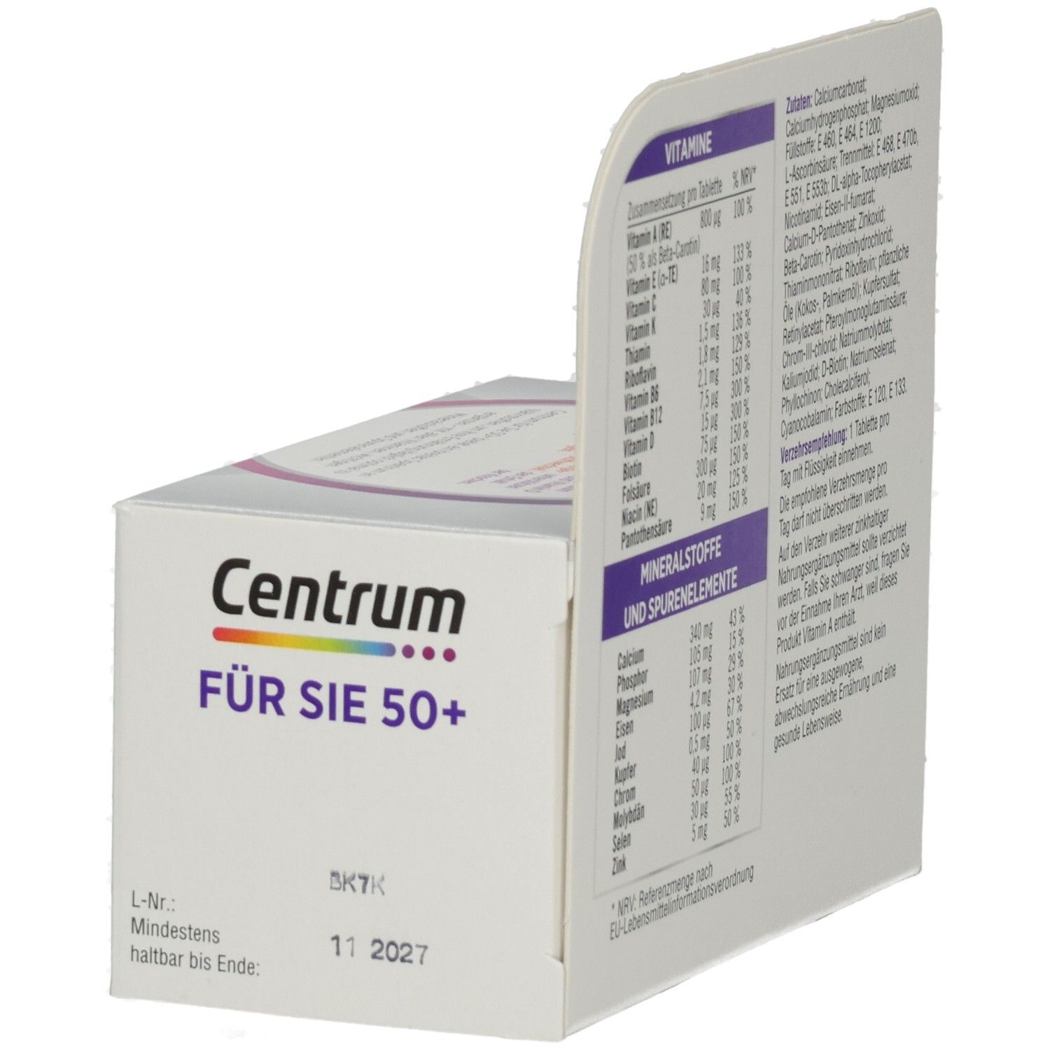 Centrum FÜR SIE 50+ Schachtel. Aufdruck: Vitamin- und Mineralstoffzusammensetzung. Mindestens haltbar bis 11 2027. 60 Tabletten.