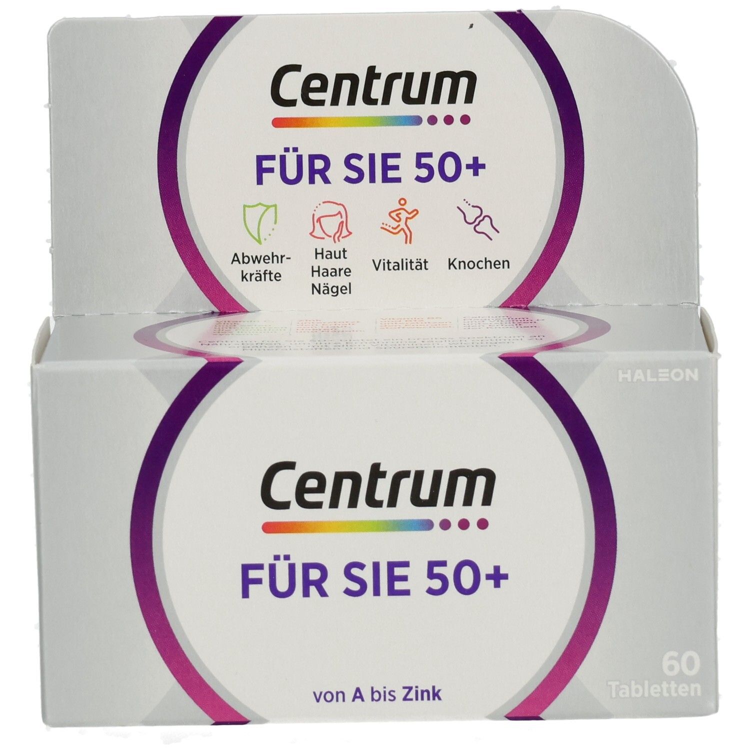 Zwei Schachteln Centrum FÜR SIE 50+. Aufdruck: Abwehrkräfte, Haut, Haare, Nägel, Vitalität, Knochen. 60 Tabletten. Von A bis Zink.