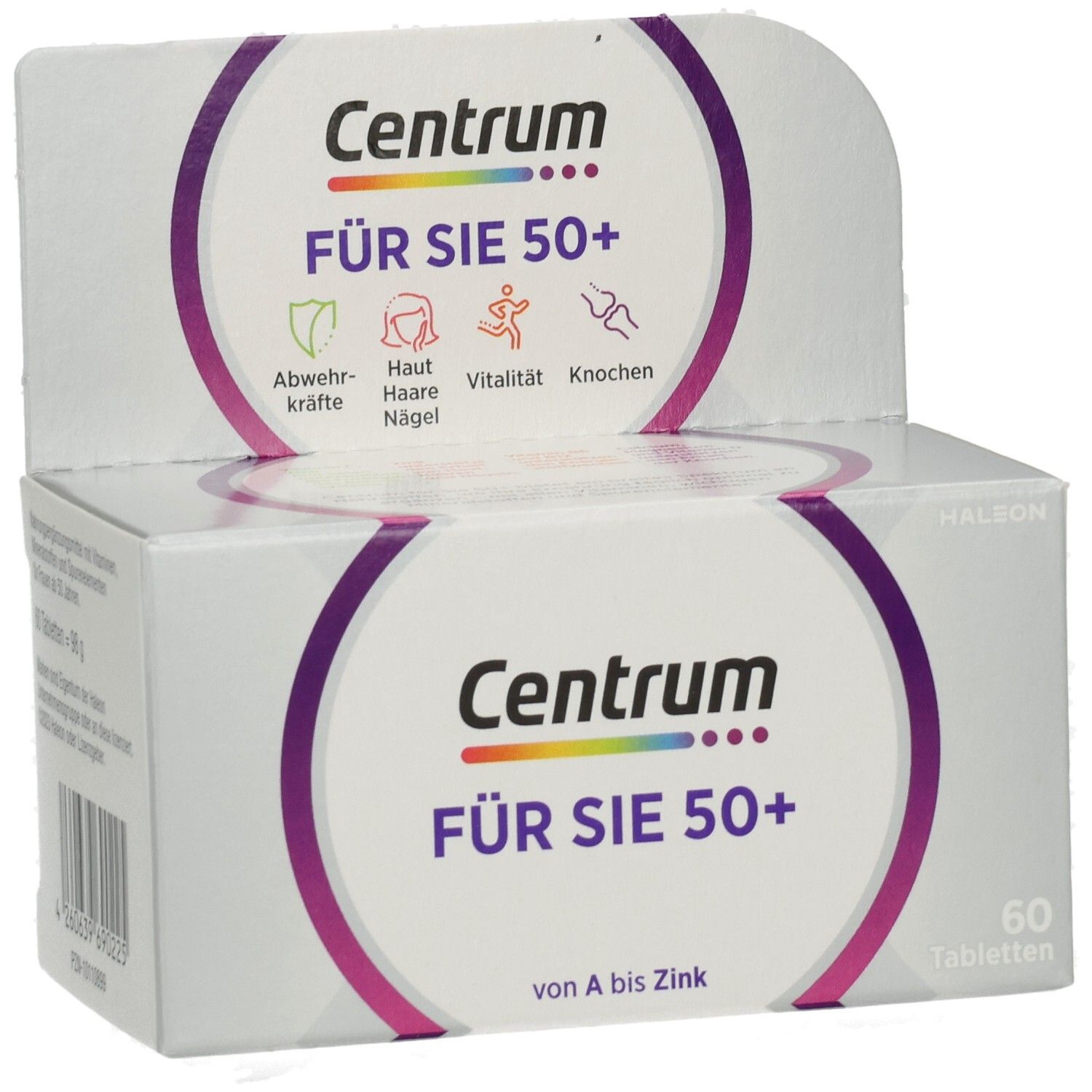 Centrum FÜR SIE 50+ Schachtel. Aufdruck: Abwehrkräfte, Haut, Haare, Nägel, Vitalität, Knochen. 60 Tabletten. Von A bis Zink.