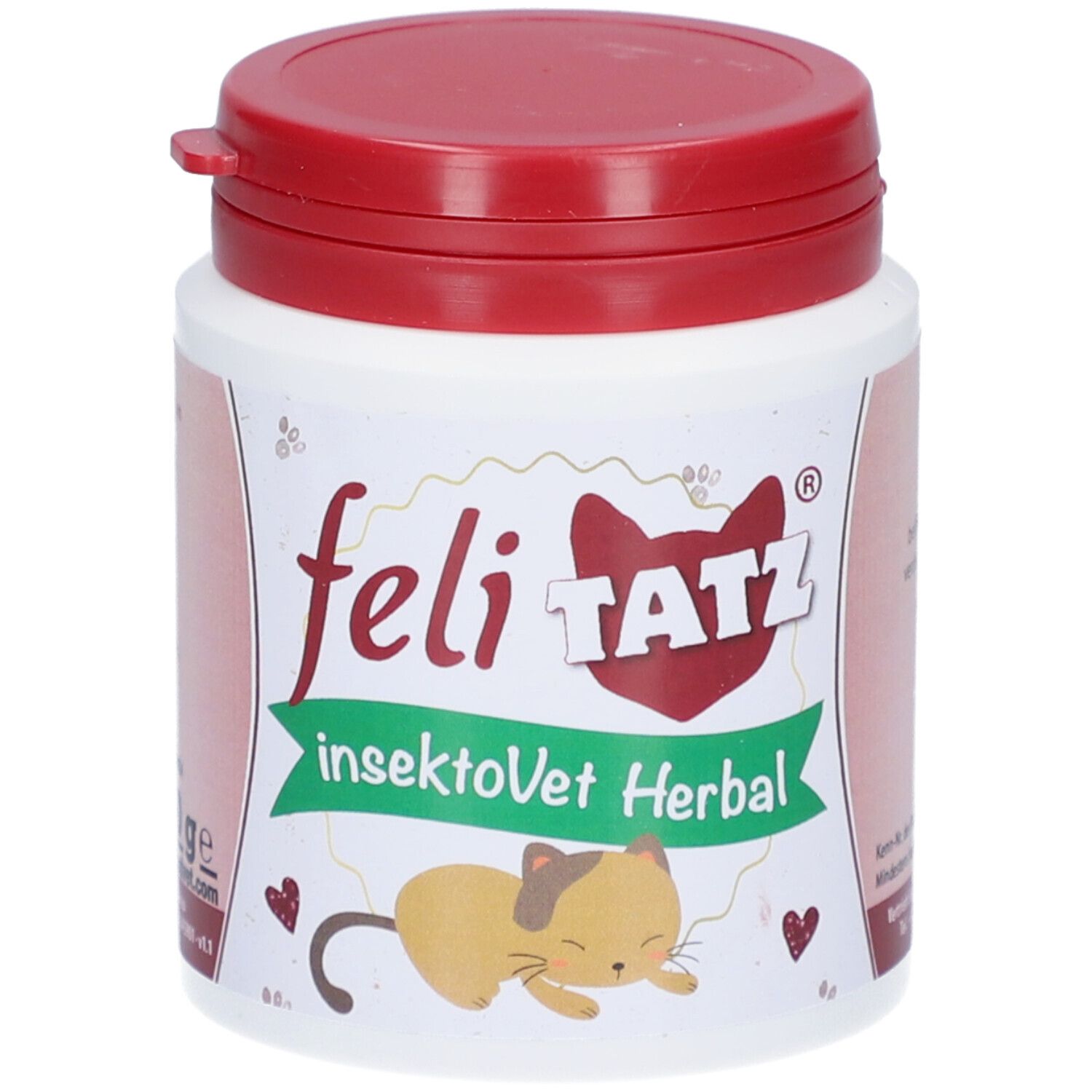 Weißes Behältnis mit rotem Deckel. Aufschrift: feli TATZ, insektoVet Herbal. Abbildung einer Katze.