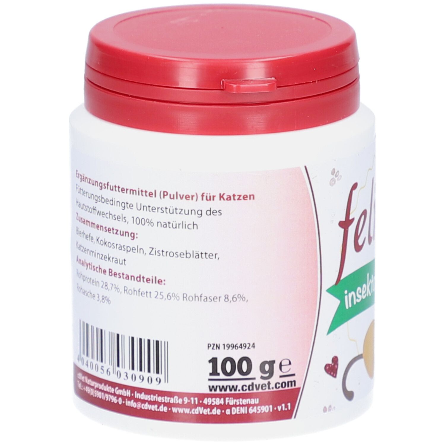 Rückseite des weißen Behälters mit rotem Deckel. Text: Ergänzungsfuttermittel für Katzen, 100 g.