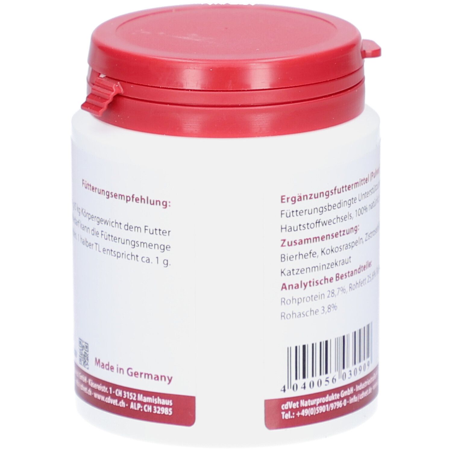 Rückseite des weißen Behälters mit rotem Deckel. Text: Fütterungsempfehlung, Ergänzungsfuttermittel.