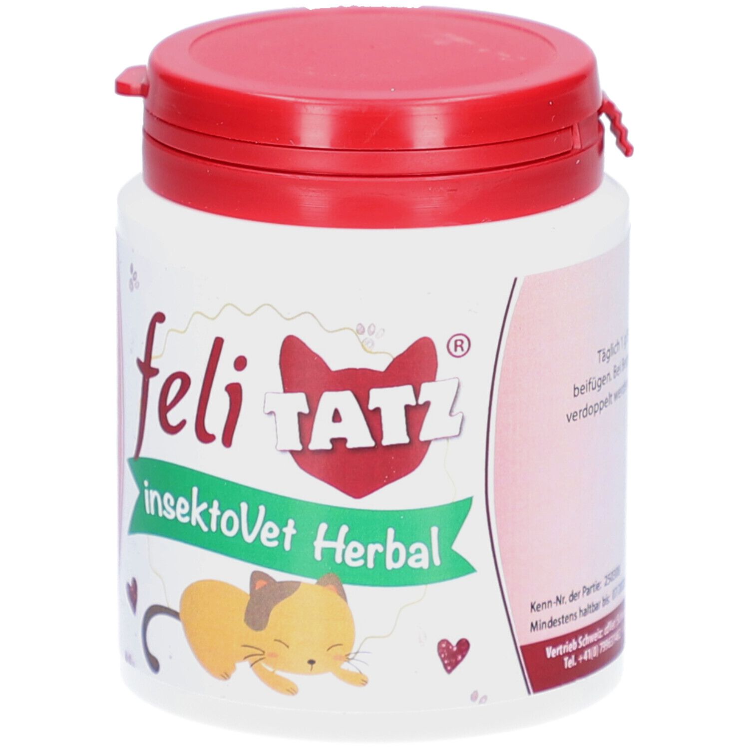 Weißes Behältnis mit rotem Deckel. Aufschrift: feli TATZ, insektoVet Herbal. Abbildung einer Katze.