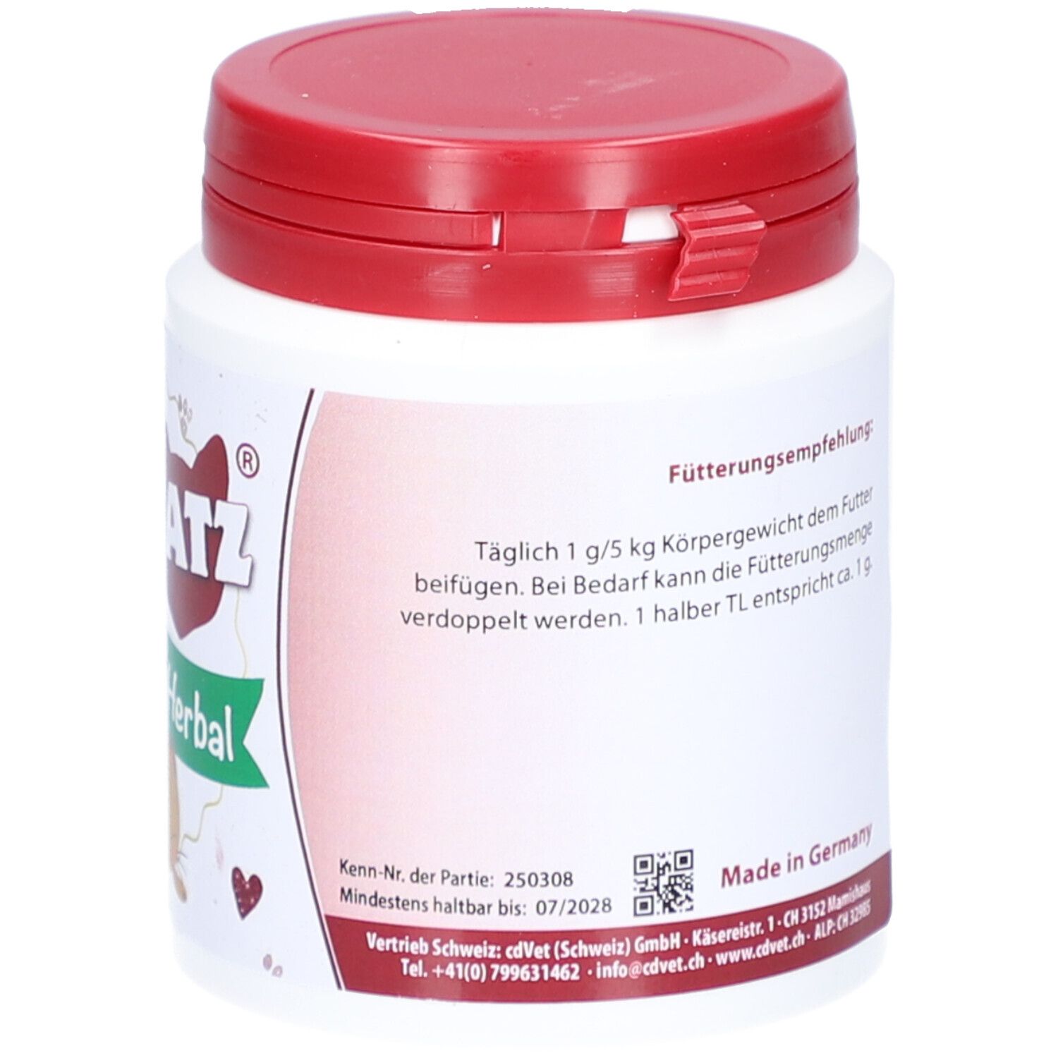 Rückseite des weißen Behälters mit rotem Deckel. Text: Fütterungsempfehlung, Mindestens haltbar bis 07/2028.
