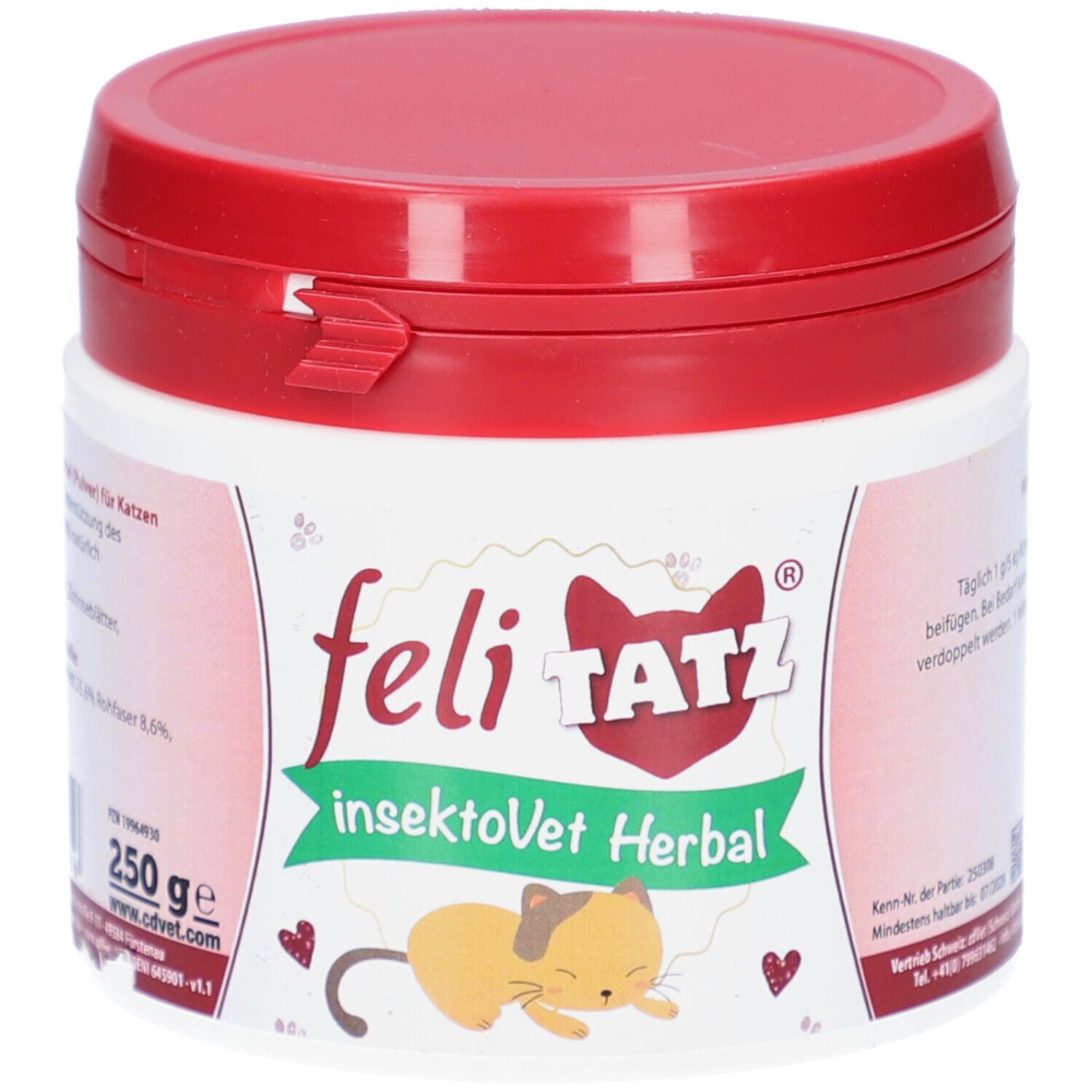Weißes Gefäß mit rotem Deckel. Aufschrift: feli TATZ, insektoVet Herbal. Abbildung einer Katze. 250g.