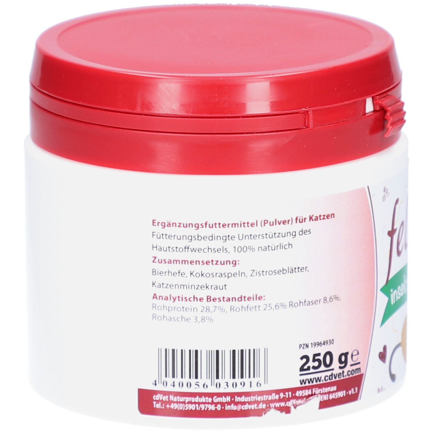 Weißes Gefäß mit rotem Deckel. Rückseite mit Text: Ergänzungsfuttermittel für Katzen. Inhaltsstoffe und Analyse.