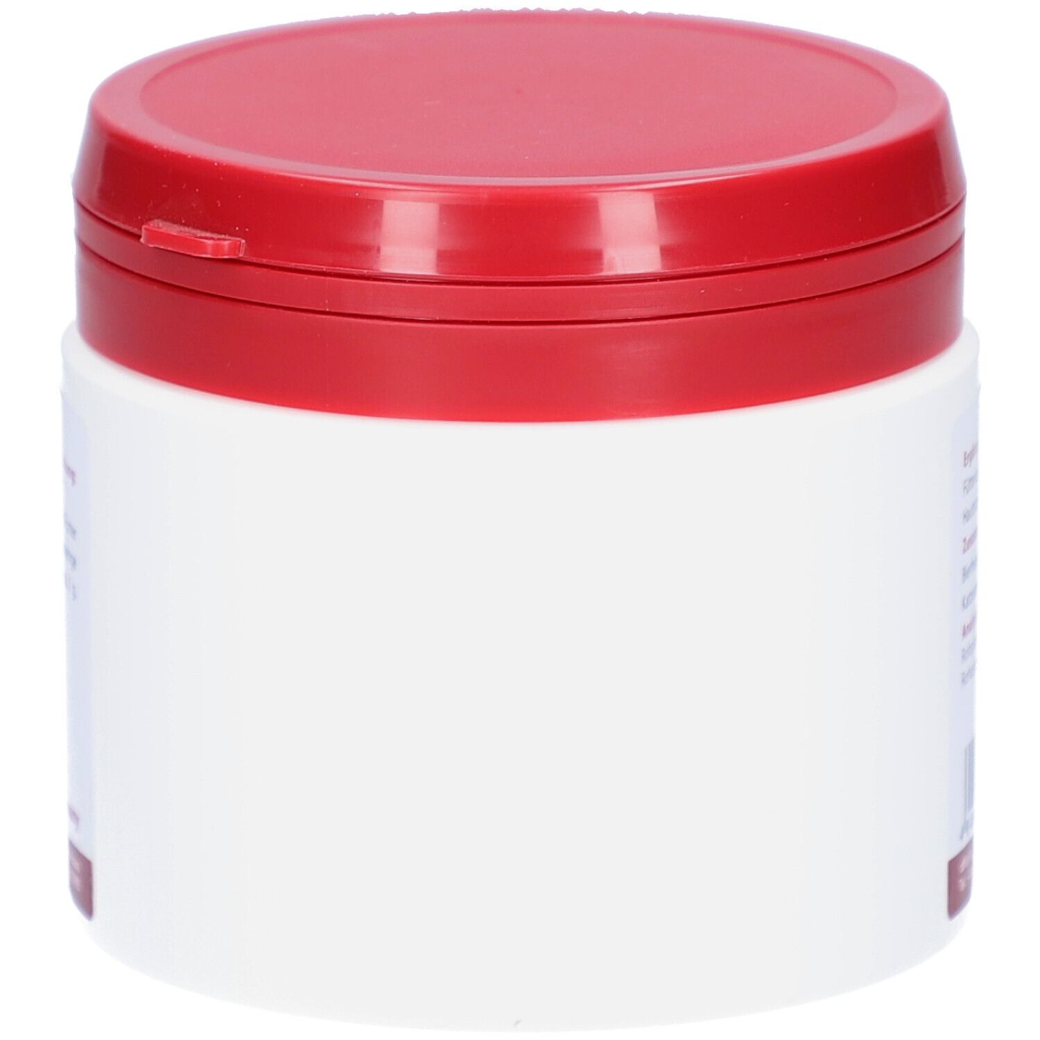 Weißes Gefäß mit rotem Deckel. Seitenansicht. Keine weiteren Details sichtbar.