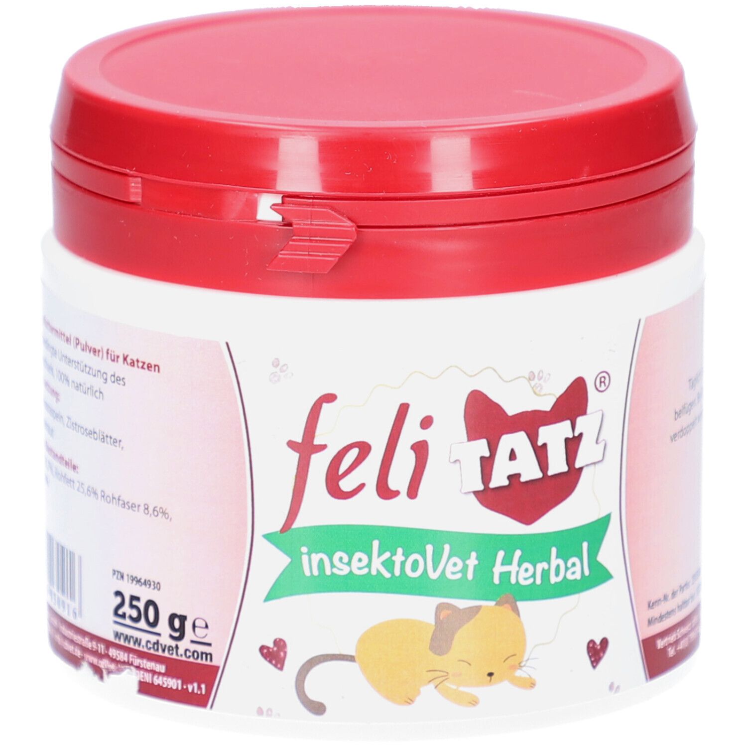 Weißes Gefäß mit rotem Deckel. Aufschrift: feli TATZ, insektoVet Herbal. Abbildung einer Katze. 250g.