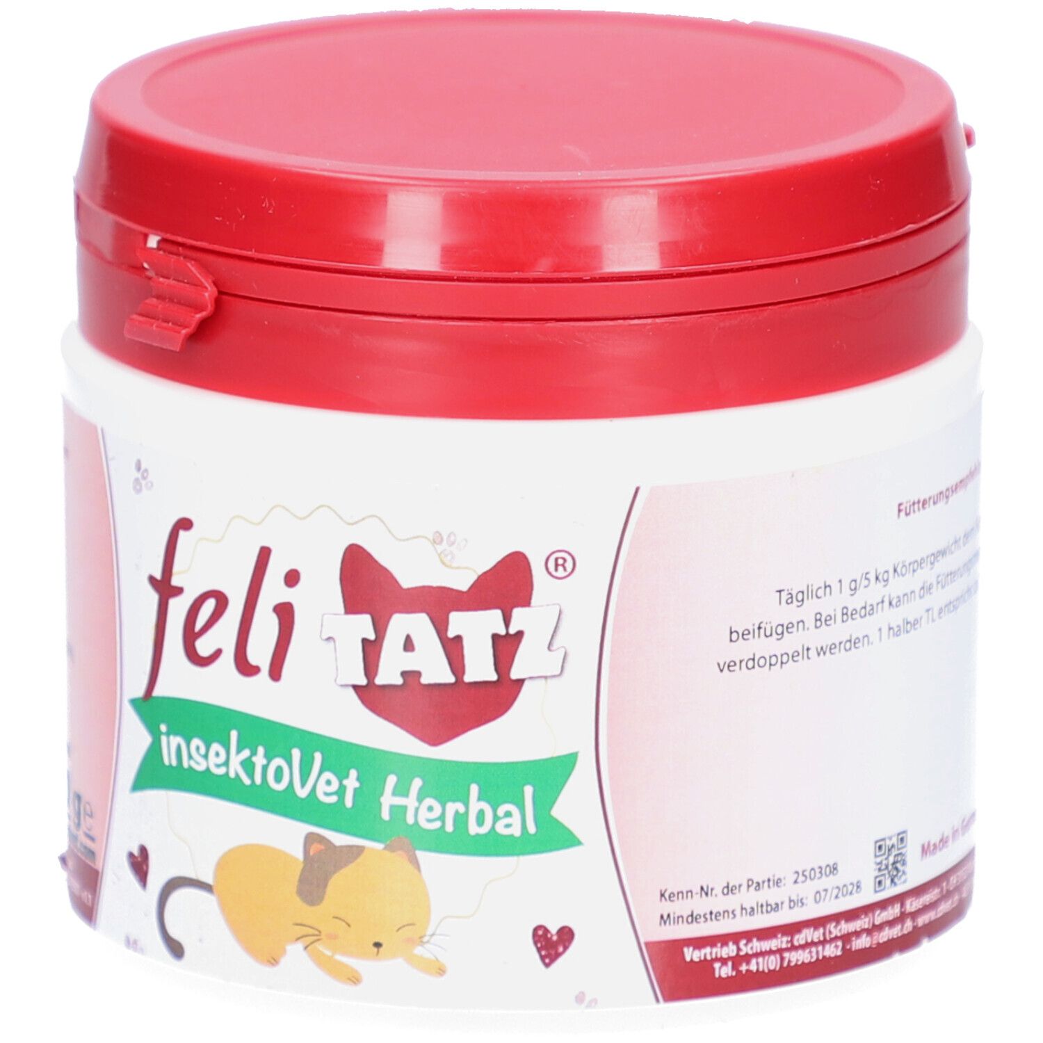 Weißes Gefäß mit rotem Deckel. Aufschrift: feli TATZ, insektoVet Herbal. Abbildung einer Katze. Text und Logo.