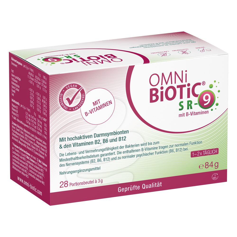 OMNi-BiOTiC® SR-9 Packung mit 28 Portionsbeuteln à 3g, angereichert mit B-Vitaminen.