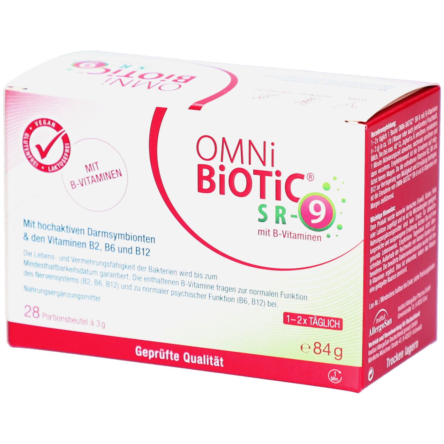 Weiß-rote Schachtel mit OMNi BiOTiC SR-9. Enthält B-Vitamine, 28 Portionen. Vegan-Logo.