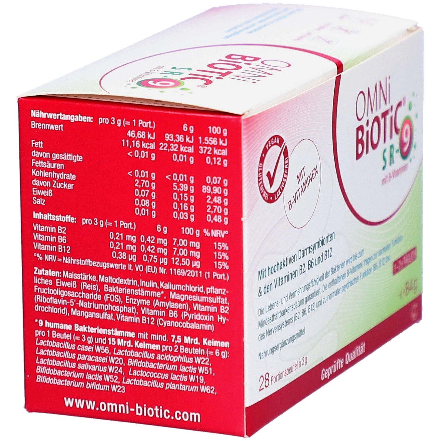 Rückseite der OMNi BiOTiC SR-9 Packung. Enthält Nährwertangaben und Zutatenliste. Vegan-Logo.