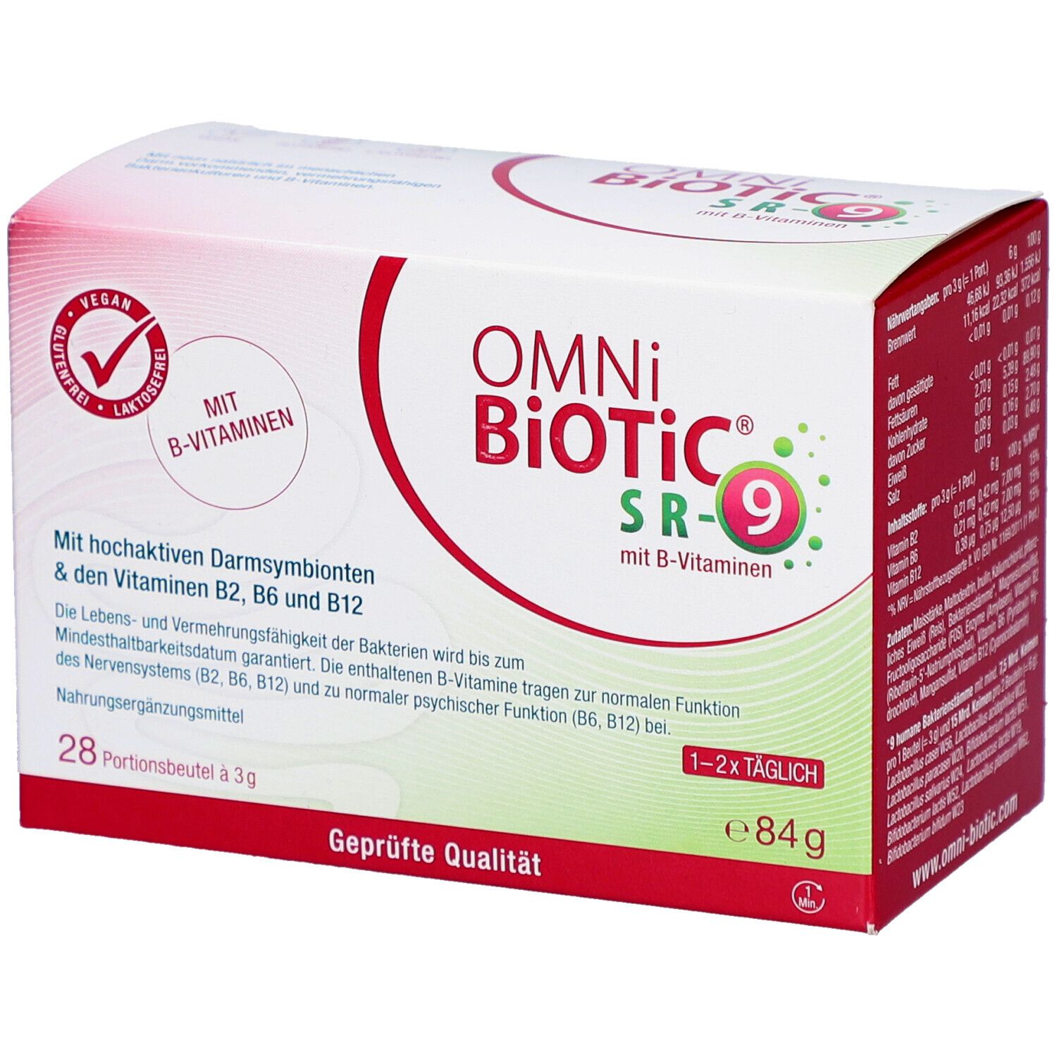Weiß-rote Schachtel OMNi BiOTiC SR-9. Enthält B-Vitamine, 28 Portionen. Vegan-Logo.