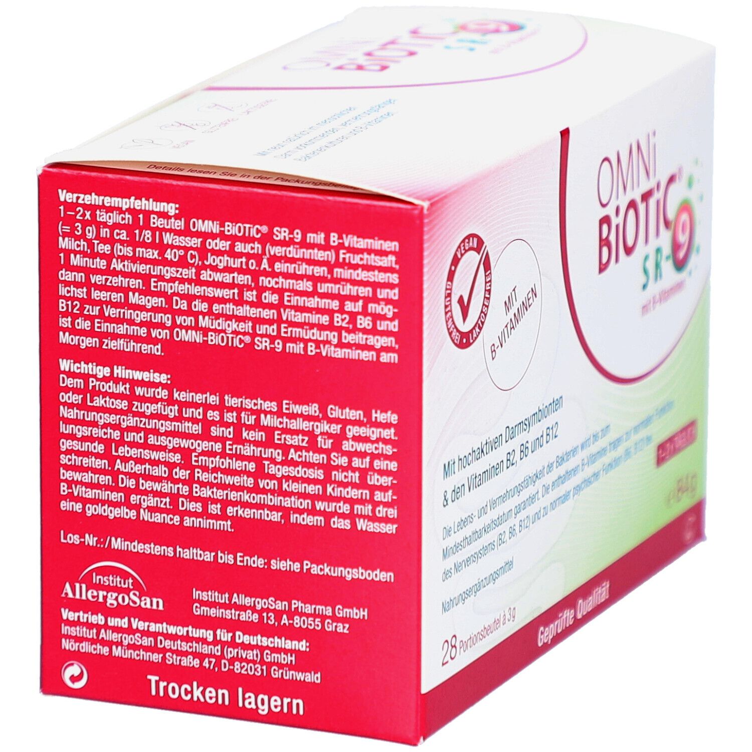 Rückseite der OMNi BiOTiC SR-9 Packung. Enthält Verzehrempfehlung und wichtige Hinweise.