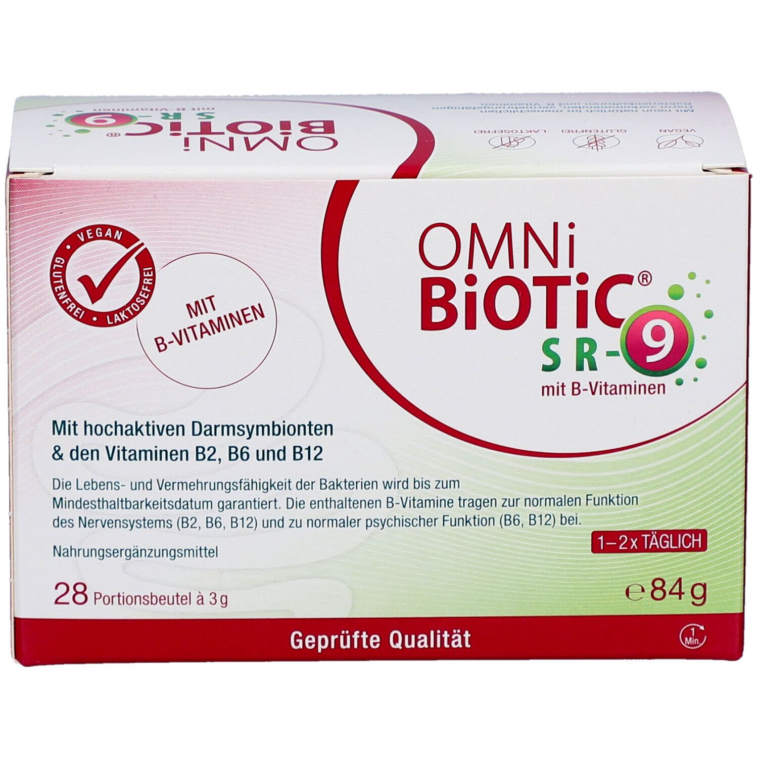 Weiß-rote Schachtel OMNi BiOTiC SR-9. Enthält B-Vitamine, 28 Portionen. Vegan-Logo.