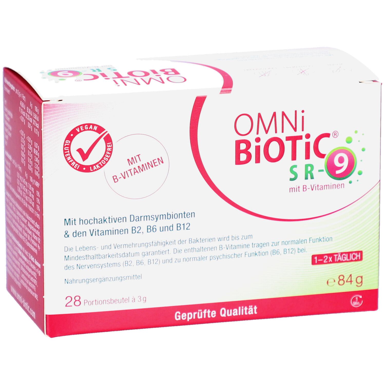 Weiß-rote Schachtel OMNi BiOTiC SR-9. Enthält B-Vitamine, 28 Portionen. Vegan-Logo.