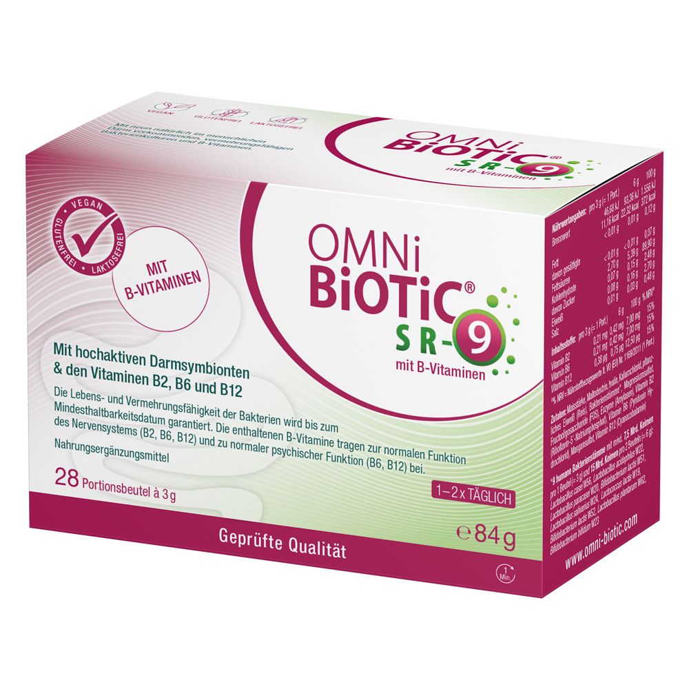 OMNi-BiOTiC® SR-9 Packung mit 28 Portionsbeuteln à 3g, angereichert mit B-Vitaminen.
