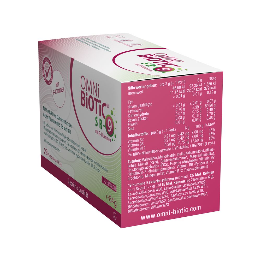 Rückseite der OMNi-BiOTiC® SR-9 Packung mit Nährwertangaben und Inhaltsstoffen.