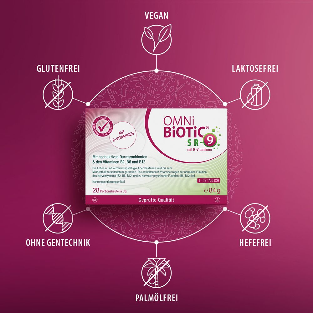 OMNi-BiOTiC® SR-9 Packung umgeben von Icons: Vegan, Glutenfrei, Laktosefrei, Ohne Gentechnik, Hefefrei, Palmfrei.