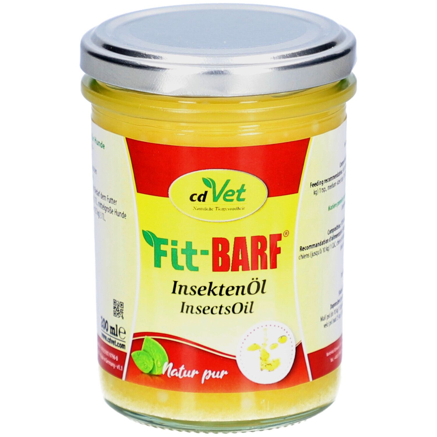 Glas mit gelbem Öl. Deckel silberfarben. Aufschrift: Fit-BARF Insektenöl, cdVet Logo. Etikett mit grünen Blättern.