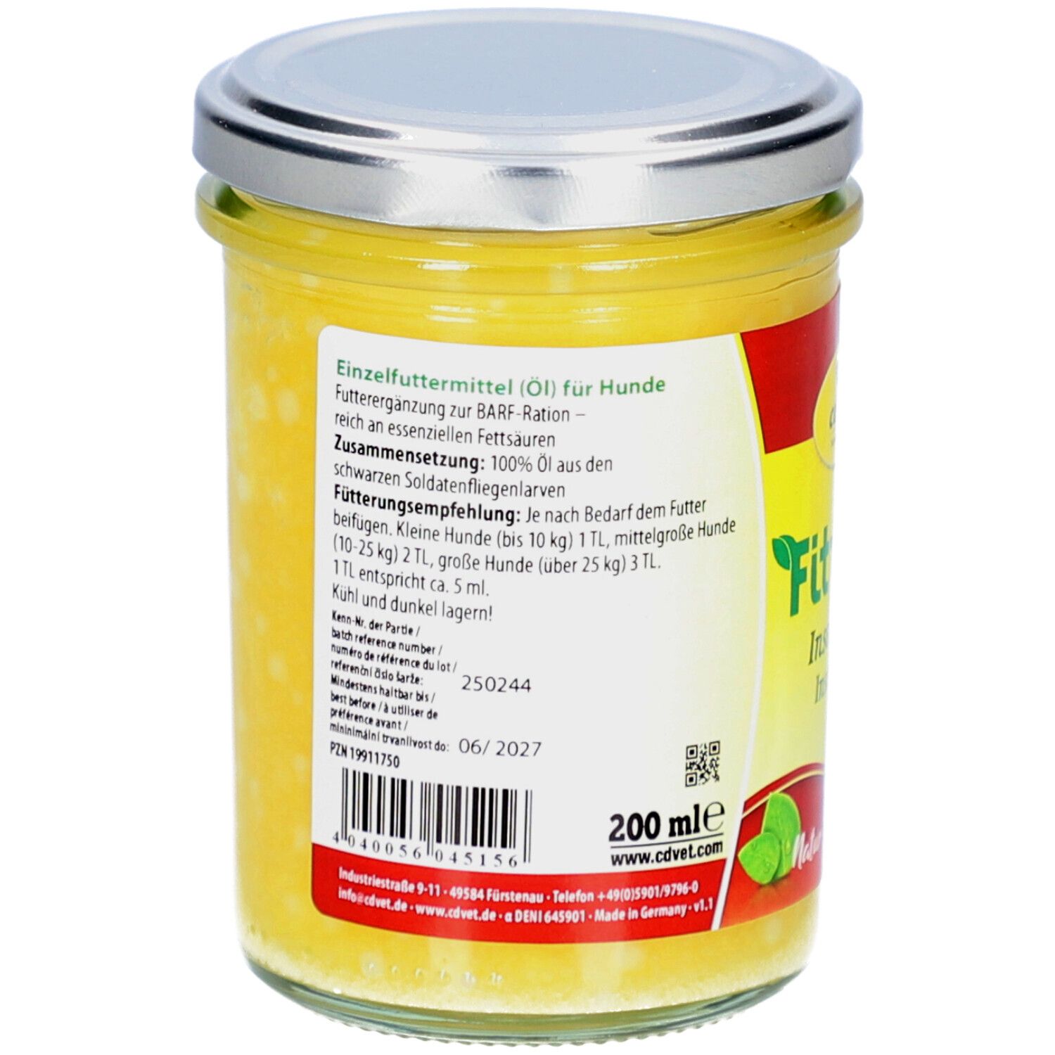 Rückseite eines Glases mit gelbem Öl. Silberfarbener Deckel. Etikett mit Text und QR-Code. Aufschrift: 200 ml.