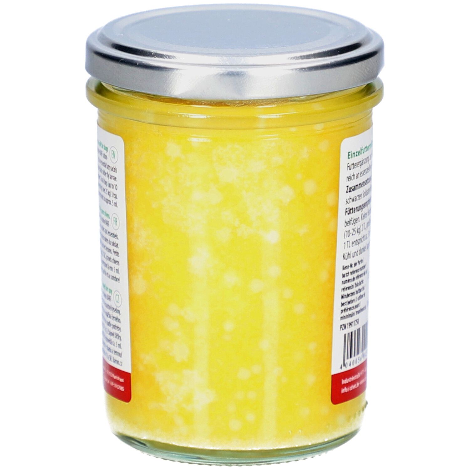 Glas mit gelbem Öl. Silberfarbener Deckel. Etikett mit Text. Rückansicht.