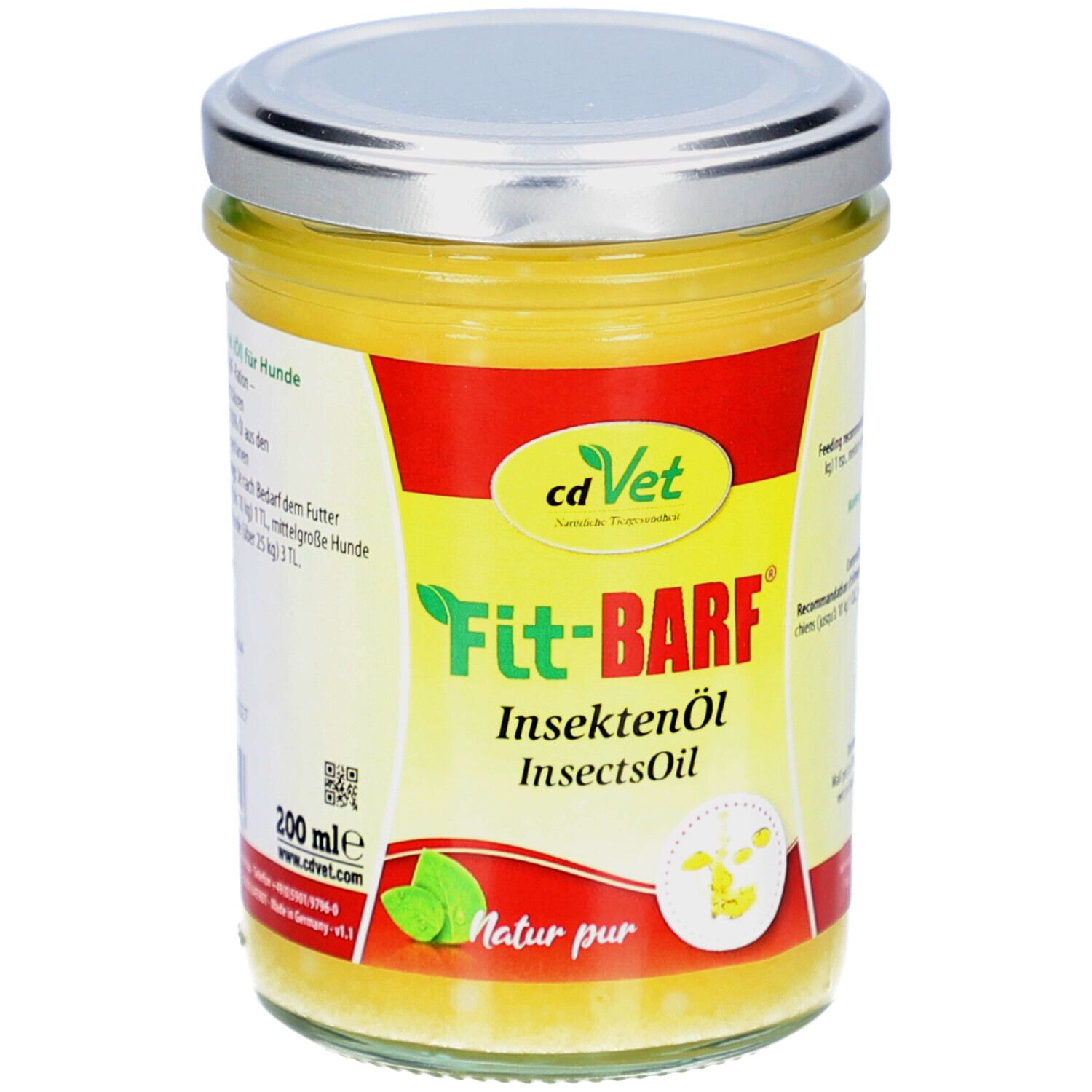 Glas mit gelbem Öl. Silberfarbener Deckel. Aufschrift: Fit-BARF Insektenöl, cdVet Logo. Etikett mit grünen Blättern.