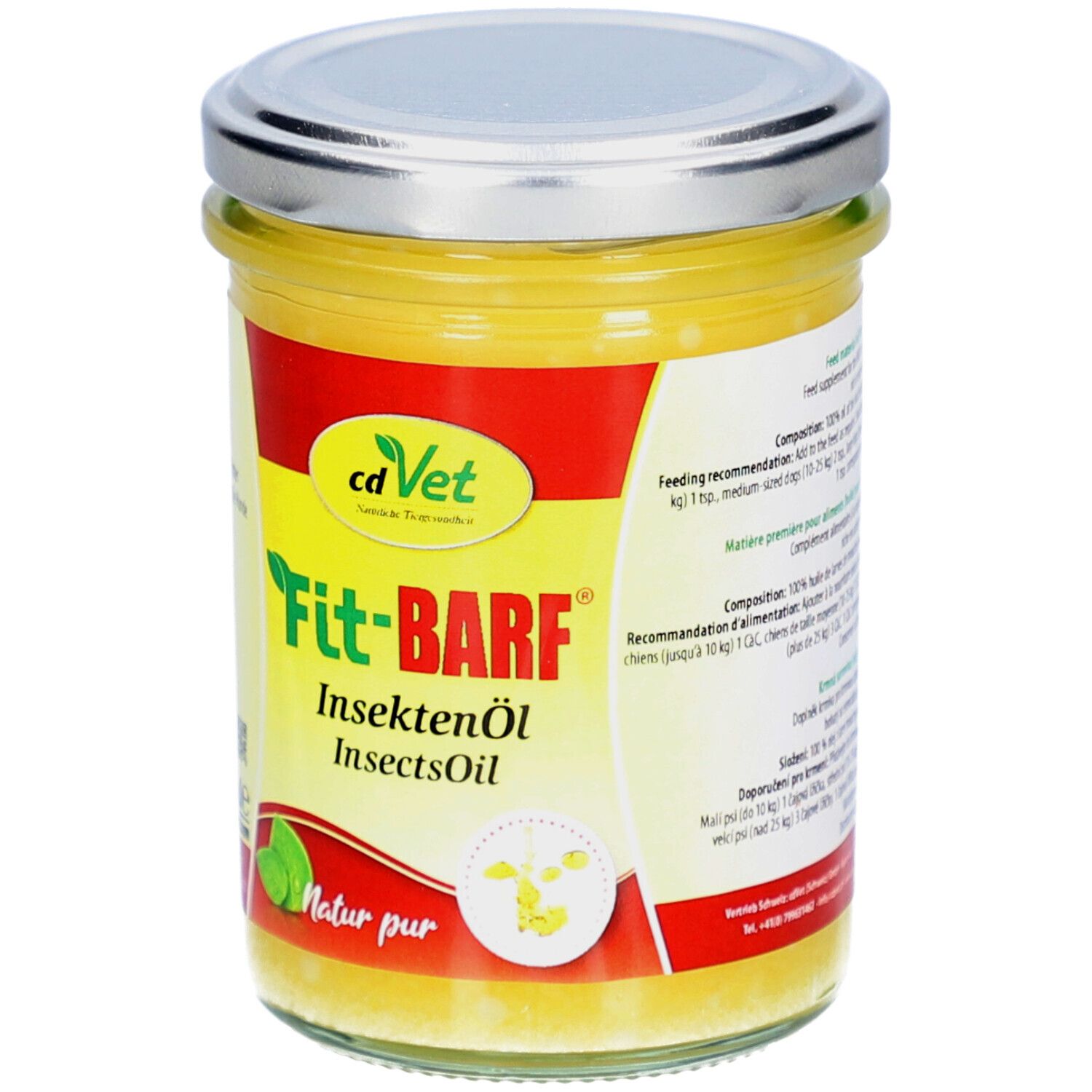 Glas mit gelbem Öl. Silberfarbener Deckel. Aufschrift: Fit-BARF Insektenöl, cdVet Logo. Etikett mit grünen Blättern.